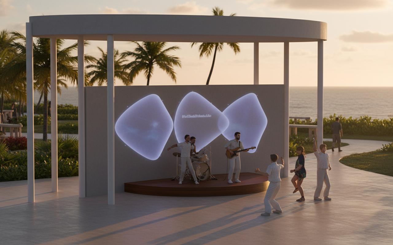 An incredibly lifelike, richly detailed, photorealistic architectural photograph of a bespoke open-air bar and music stage area on Madifushi Private Island, designed to evoke a sense of luxury and relaxed island living. The scene is illuminated by the warm, golden hues of a sunset, casting long, soft shadows and highlighting the minimalist, elegant design of the structure. The architectural style is distinctly contemporary and refined, with clean lines and a subtle tropical influence. A curved, polished wooden stage is the focal point, featuring a live band, their instruments catching the fading light. Behind them, a minimalist backdrop of smooth, grey panels is adorned with three large, abstract, diamond-shaped screens that softly glow with ambient light, creating a dynamic visual element. The stage is framed by slender, white columns supporting a wide, light gray canopy that offers a sense of spaciousness and shelter. Several figures, presumably guests, are scattered around the area, some lounging, others appearing to dance to the chill-out music that seems to emanate from the scene. A gentle coastal breeze is subtly implied by the soft movement in the figures' attire and hair. The surrounding environment, though not fully visible, is suggested to be a serene, upscale island setting, perhaps hinting at nearby onsen facilities and