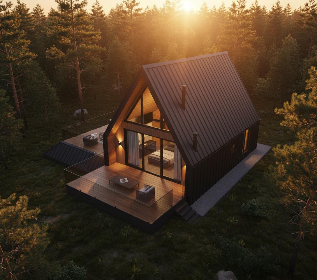 An incredibly lifelike, richly detailed, photorealistic aerial shot of a modern two-story A-frame bungalow nestled within a serene forest, captured during the golden hour of sunset. The scene is illuminated by the warm, diffused light of the setting sun, casting long shadows and bathing the wooden and dark gray facade in a rich, inviting glow, creating a tranquil and cozy atmosphere. The distinctive dark, sharply triangular A-frame roof dominates the upper portion of the structure, contrasting with the warm wood and sleek gray exterior materials. Large windows reflect the ambient light, hinting at the well-lit interiors. To the left, a terrace extension, accessible through a glass door, features modern metal railings and provides a seamless transition between indoor and outdoor living. This area is part of a larger verenda (10.50 m²) area which hints at abundant outdoor space. The detailed texture of the wood siding and the sharp lines of the architecture are rendered with exquisite clarity. In the background, the dense, natural surroundings of a forest recede into a soft focus, with tall trees suggesting a secluded and peaceful environment. The composition offers a comprehensive view of the bungalow's unique design and its harmonious integration with the natural landscape.