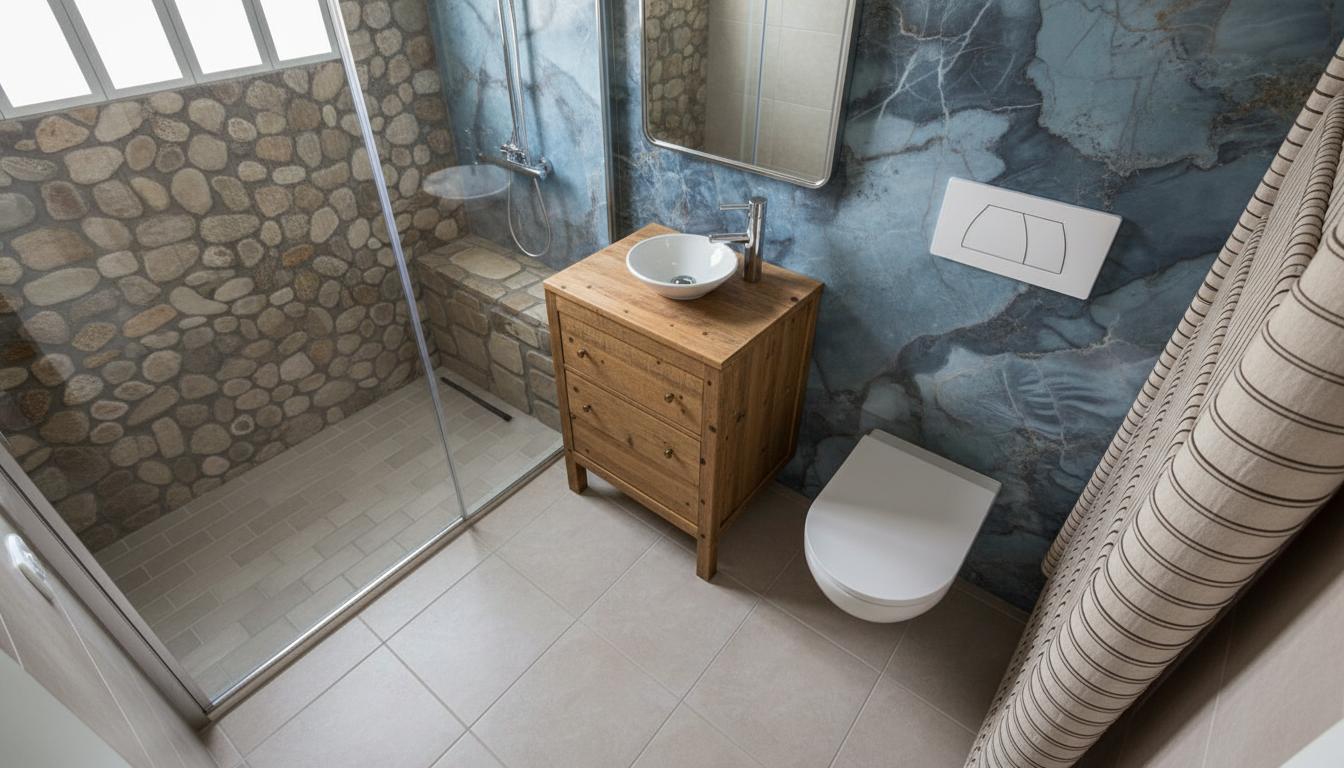 An incredibly lifelike, richly detailed, photorealistic interior photo of a shabby chic bathroom set in a contemporary residential context. The scene is illuminated by soft, diffused natural light entering from an unseen window, creating a warm and inviting atmosphere. Captured with a wide-angle lens from a high vantage point, the rendering emphasizes the eclectic blend of textures and finishes characteristic of shabby chic design. The floor is covered in large, light-toned marble-effect tiles, providing a clean and modern base. To the left, a spacious shower enclosure features frosted glass walls with subtle metallic framing, revealing a textured stone wall inside. A rustic wooden vanity with an open-fronted design displays its raw timber grain, topped with a simple white vessel sink and a sleek chrome faucet. The wall behind the vanity is clad in a dramatic blue and grey marble-effect material with a high-gloss finish. Adjacent to the vanity is a minimalist white toilet. A prominent design element is the intricate, slatted wooden feature wall on the right, adding a touch of organic warmth and architectural interest. The overall composition highlights the contrast between rustic, reclaimed elements and more refined, contemporary materials, creating a space that feels both charmingly worn and effortlessly stylish, trending on Pinterest.