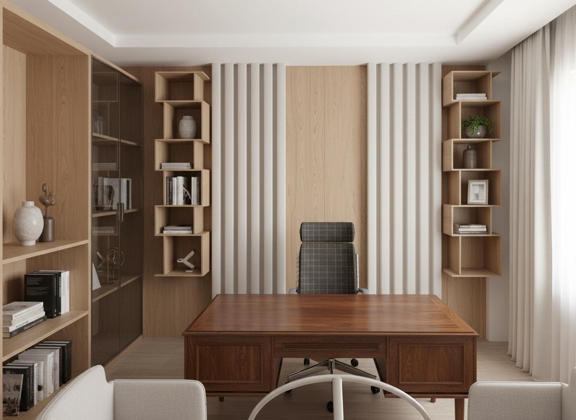 An incredibly lifelike, richly detailed, photorealistic interior photograph of a bright and wonderful office set in a modern living room. The scene is illuminated by clear midday light, creating a warm and inviting atmosphere. Captured with a wide-angle lens, emphasizing the spaciousness and clean lines of the furniture, this photograph showcases a sturdy, vintage wooden desk front and center, its polished surface reflecting the ambient light. Behind the desk, a tall, executive-style chair with a high back and padded upholstery is positioned perfectly. To the left, a floor-to-ceiling built-in bookshelf unit with several open shelves offers ample storage, adjacent to a glass-fronted cabinet. To the right of the desk, a matching unit of staggered, open shelves displays a curated selection of items. Vertical, textured panels line the wall behind the desk, adding a subtle architectural detail. The perspective is slightly low-angle, making the furniture appear grand and the room feel expansive. The depth of field is sharp, bringing every detail into crisp focus, from the subtle grain of the wood to the fine grid pattern on the chair's upholstery.