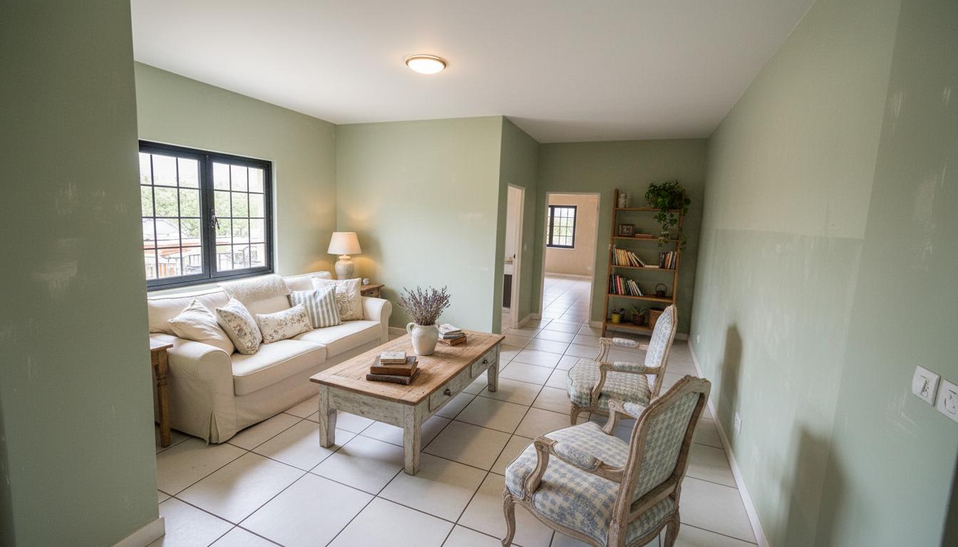 An incredibly lifelike, richly detailed, interior photo of a living room set in a slightly worn, yet charming, urban apartment. The scene is illuminated by soft, natural light filtering through a large black-framed window, creating a warm, inviting, and slightly nostalgic atmosphere. Captured with a wide-angle lens, emphasizing the textures of peeling paint accent walls, reclaimed wood furniture, and the soft drape of linen fabrics, the space whispers of a curated and lived-in charm.

This shabby chic living room is a symphony of comfort and personality. The walls are a soft, muted sage green, intentionally distressed to reveal hints of an underlying creamy white, a hallmark of the style. The floor is covered in aged, wide-plank oak, its surface worn smooth by time, punctuated by a large, vintage Persian rug with faded floral patterns in muted blues and rose. In the center of the room sits a plush, overstuffed sofa upholstered in a pale, creamy linen, adorned with an array of mismatched, yet harmonizing, throw pillows in various textures – some knitted, others embroidered, and one in a gentle stripe. Opposite the sofa, a pair of antique French accent chairs in a soft, faded toile fabric flank a generously sized, distressed wooden coffee table that showcases