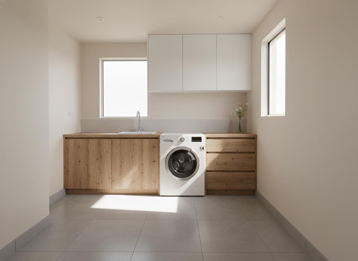An incredibly lifelike, richly detailed, photorealistic wide shot of a rustic bathroom interior. The scene is illuminated by bright midday spring sunshine streaming in from a tall window on the right, creating a fresh and airy atmosphere. Captured with a slightly wide-angle lens, emphasizing the functional layout of the space, the photograph showcases a built-in vanity with a sink and a faucet on the left, seamlessly integrated with a washing machine in the center. To the right of the washing machine, a set of open shelving units sits atop a low cabinet, displaying a simple vase with a few sprigs of flowers, adding a touch of natural charm. Above the counter space, sleek, modern cabinetry with a subtle texture runs along the wall, providing ample storage and a clean contrast to the warmer rustic elements. The flooring appears to be a light-colored tile, reflecting the ambient light and contributing to the overall sense of openness. The walls are painted in a soft, neutral tone, allowing the elements of the room to take center stage. The composition draws the viewer's eye across the practical yet aesthetically pleasing arrangement, suggesting a well-organized and inviting laundry area within a home. The focus is sharp across the entire scene, rendering every detail with crisp clarity, and the perspective creates a sense