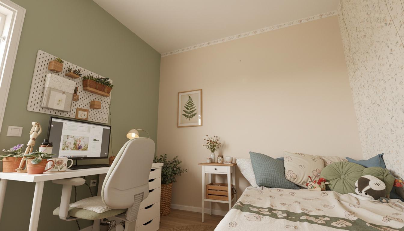 An incredibly lifelike, richly detailed, photorealistic wide-angle interior shot of a serene and cozy bedroom for a 12-year-old girl, set in a charming cottagecore-inspired environment. The scene is illuminated by soft, diffused natural light filtering through an unseen window from the left, creating a warm and inviting atmosphere. Captured with a medium-format lens, emphasizing the natural textures of wood, linen, and delicate botanical elements. The walls are now a calming sage green on the desk side, transitioning to a warm cream beige on the bed side, with subtle floral wallpaper accents peeking out near the ceiling. The existing 120cm bed is adorned with a new linen duvet cover in a soft cream, scattered with throw pillows in muted sage green and chambray blue, and a few whimsical, nature-inspired plush toys. The white desk remains, now topped with a collection of small potted plants, a delicate ceramic mug, and a vintage-style desk lamp with a cream shade. The white drawer unit sits neatly beside the desk, its top now a warm, natural wood finish, perfect for displaying more treasures. A tall, woven basket fills a corner, overflowing with faux greenery, and a framed botanical print hangs above the petite white bedside table,