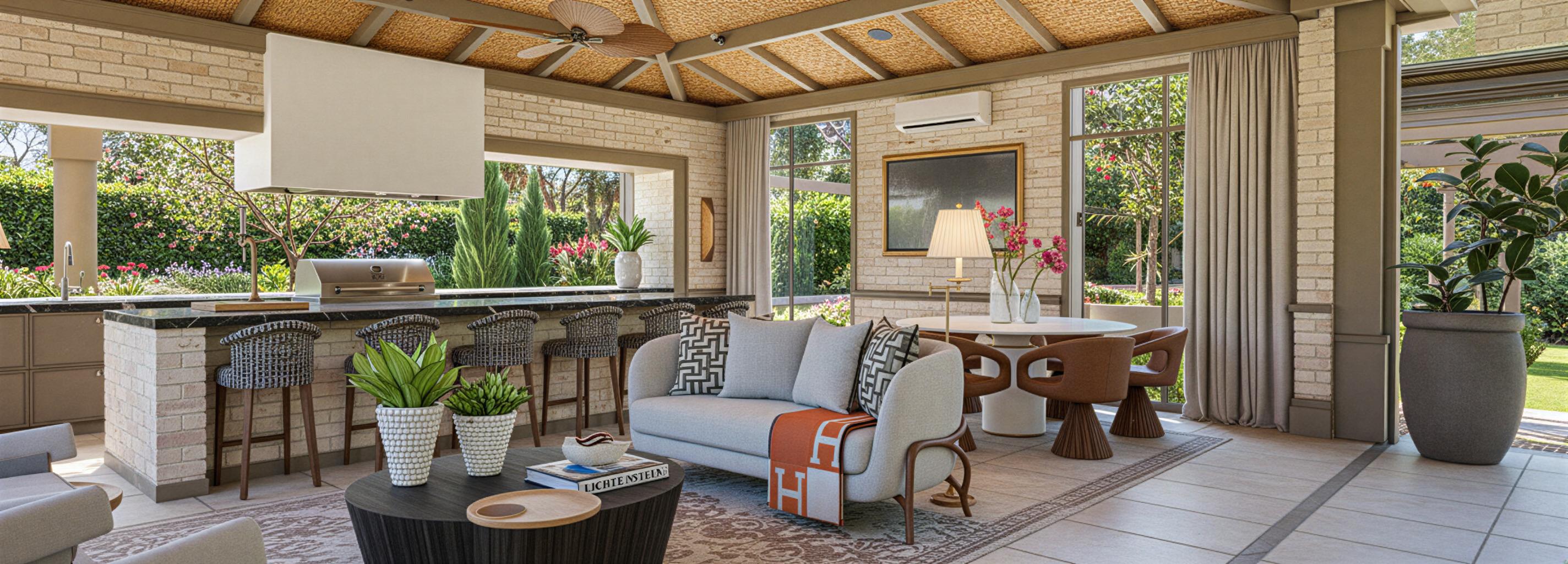 The photo captures an inviting outdoor living space, a gazebo nestled within a Japanese Zen garden. The architecture exhibits a balance of natural materials and elegant design. The walls are clad in light-colored brick, creating a serene and textured backdrop, while the overhead structure features a beautifully rendered thatched roof, suggesting a gentle dappling of sunlight. A built-in kitchen area boasts a striking countertop made of dark, swirling stone, and is framed by cabinetry with a warm, natural wood finish, complemented by bar stools. Large windows with white drapes offer glimpses of the lush, meticulously landscaped garden beyond, complete with bamboo and other greenery, reflecting the midday spring sunshine and creating a peaceful ambiance. The rendering includes a cozy seating area with a sofa, a round dining table, and elegant chairs, with a beautiful flower arrangement adding a touch of color and vitality. Everything about this space, from the polished surfaces to the carefully placed decorative objects, suggests luxury and relaxation.