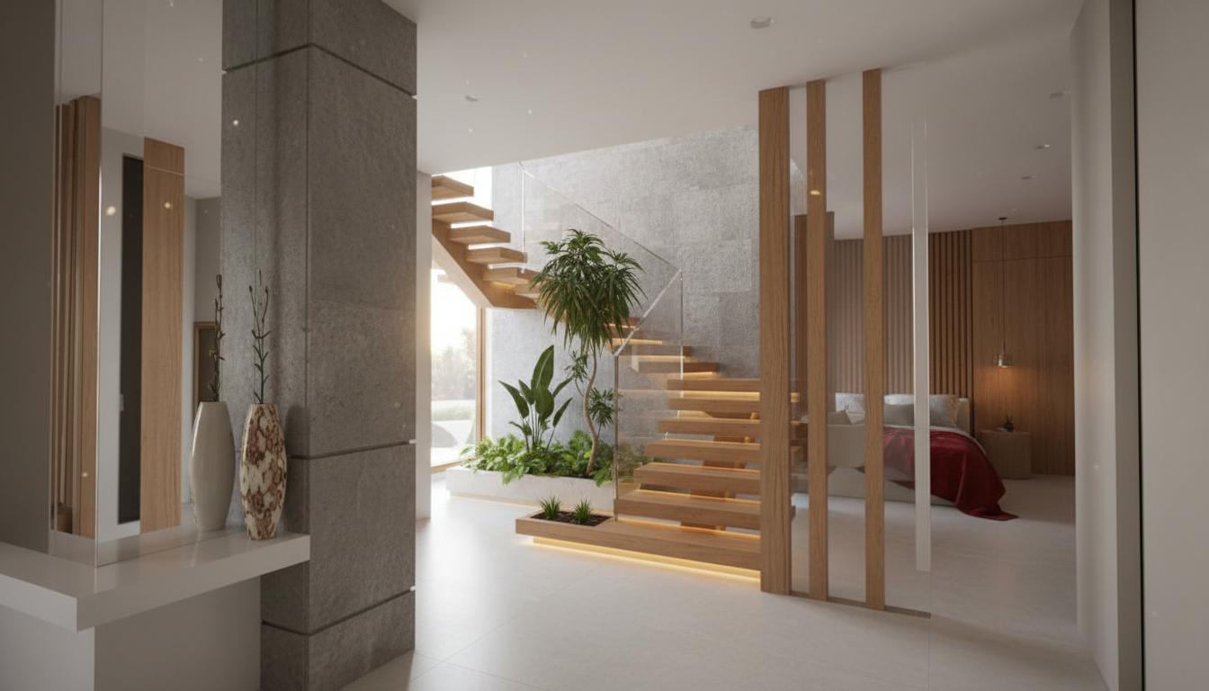 An incredibly lifelike, richly detailed, photorealistic interior photo of a modern hallway and staircase, set within a serene autumn environment that hints at an onsen-inspired ambiance. The scene is illuminated by soft natural light filtering in from a large window, supplemented by subtle, integrated line lighting beneath the floating staircase treads, creating a warm yet expansive atmosphere. Captured with a wide-angle lens that emphasizes the clean lines and spatial relationships, the rendering highlights the interplay between materials: the warm, natural wood of the steps and planter box contrasts beautifully with the textured, grey stone wall and the sleekness of the glass balustrade. The composition draws the eye from the minimalist entryway, with its polished white surfaces and the elegant placement of decorative vases on a timber ledge, towards the central feature—a stunning modern staircase that appears to float, adorned with lush greenery. The depth of field is masterfully handled, keeping the foreground sharp while softening the background elements, hinting at a tranquil bedroom space beyond, with a splash of rich red adding a cozy accent. The overall impression is one of luxurious, modern fusion, where natural elements and sophisticated design converge to create a welcoming and calming sanctuary.