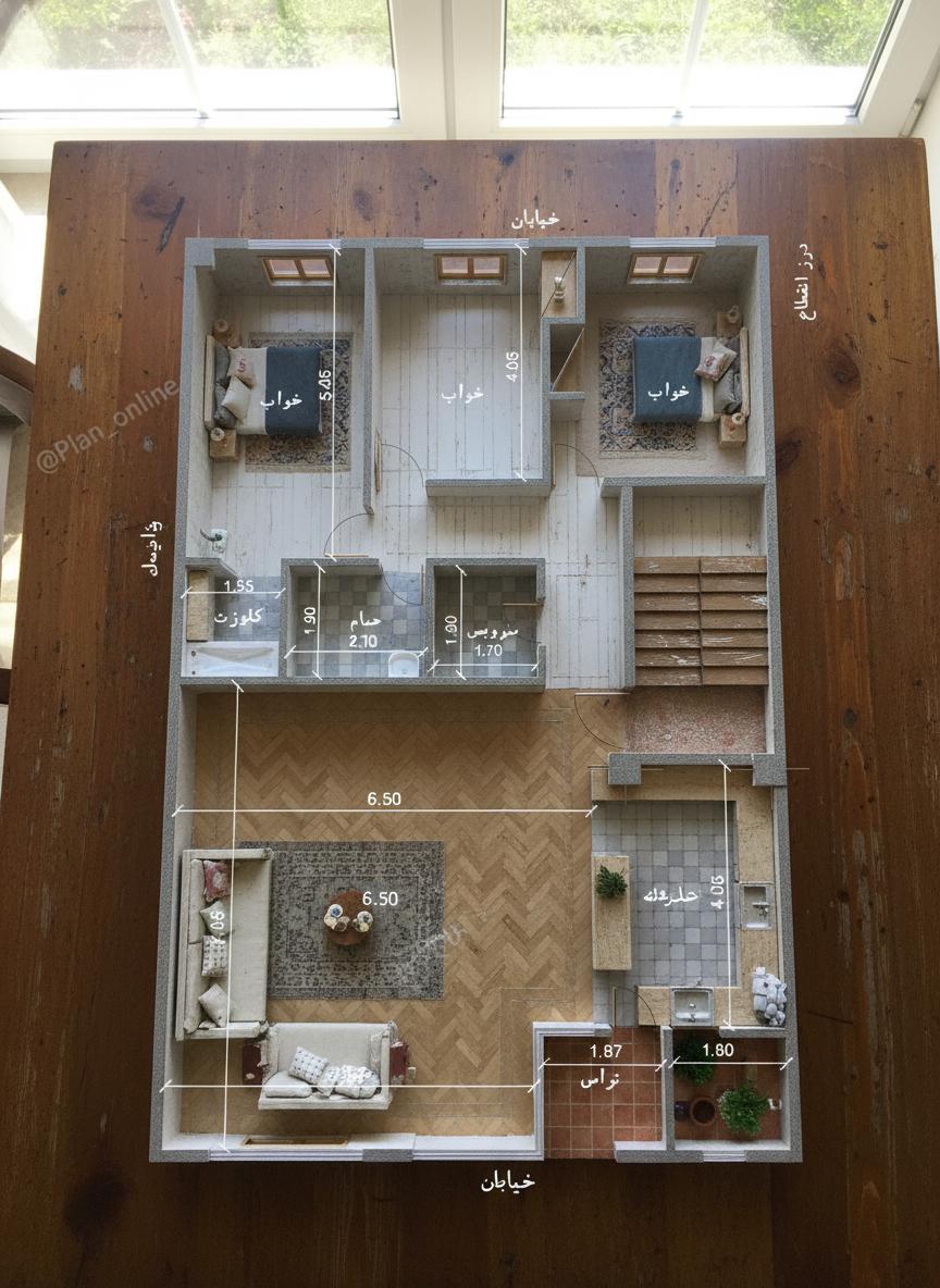 An incredibly lifelike, richly detailed, photorealistic floorplan photo of a multi-level home's interior. The scene is brightly illuminated, mimicking natural daylight streaming through unseen windows, creating a warm and inviting atmosphere. Captured with a wide-angle lens, it emphasizes the spaciousness of the layout, showcasing a clear delineation of rooms including bedrooms, a bathroom, a kitchen, a living area, and a terrace. The aesthetic leans towards a shabby chic interior design, with subtle hints of distressed textures and a neutral color palette suggested by the line work, evoking a sophisticated yet comfortable living space. Various dimensions are precisely noted, providing precise measurements for each area, such as the 6.50 by 7.05 meter living room and the 4.00 by 3.00 meter kitchen. A prominent staircase suggests a flow between different levels, and external dimensions hint at the building's footprint bordered by "خیابان" (street) and "حیات" (courtyard). The overall composition is analytical and clean, a testament to a trending on Pinterest style of interior visualization.