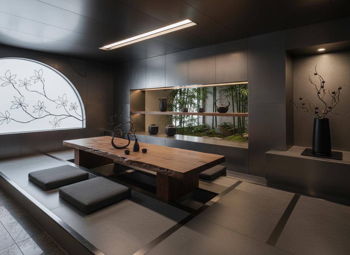 An incredibly lifelike, richly detailed, photorealistic interior photograph of a modern fusion onsen lounge set in a sleek, urban, clean, dynamic, contemporary, modular, geometric, bold, open-concept, industrial-inspired environment. The scene is illuminated by diffused, ambient light filtering through large, abstract-patterned windows, creating a serene yet inviting atmosphere. Captured with a wide-angle lens, emphasizing the expansive feel of the open-concept space, the photograph brings to life smooth, metallic, and wooden elements with a palette of shades of black, white, and vibrant accents. In the foreground, a low-lying, organically shaped wooden table with a rough-hewn texture is central, set upon a floor of polished, geometric tiles that suggest reflective water. Seating appears as thick, minimalist cushions. Beyond the table, a sleek counter or shelf unit displays a collection of minimalist ceramic vessels, adding to the sophisticated yet understated decor. To the right, a tall, slender vase holds a delicate, artistic arrangement of branches, providing a touch of natural element amidst the refined design, with lush greenery subtly integrated into the background, enhancing the sense of tranquil luxury. The composition draws the eye through the space, with clean lines and a shallow depth of field softly blurring the
