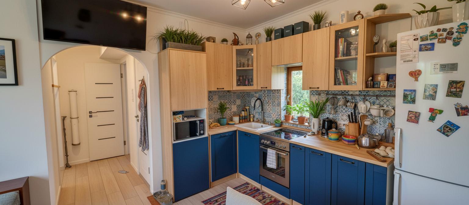An incredibly lifelike, richly detailed, interior photo of a rustic kitchen set in a cozy, lived-in apartment. The scene is illuminated by warm, ambient light emanating from pendant fixtures and natural light filtering in from an unseen window, creating a welcoming and inviting atmosphere. Captured with a wide-angle lens, emphasizing the textures of the natural wood cabinetry, eclectic patterned backsplash tiles, and the matte finish of the deep blue lower cabinets. The overall style is a charming blend of rustic and eclectic, with an emphasis on functionality and personalization. The space is adorned with numerous plants, decorative objects, and colorful art, giving it a distinct personality. This kitchen feels authentic and personal, suggesting it's a well-loved space for cooking and gathering.
