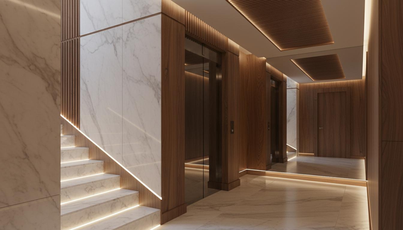 An incredibly lifelike, richly detailed, photorealistic interior photo of a dimly lit, contemporary hallway and staircase. The scene is illuminated by warm, recessed lighting and subtle accent lights along the staircase and hallway baseboards, creating a serene and elegant atmosphere perfect for a luxurious residential building or spa. The overall style of the space is clean and modern, with a strong emphasis on natural textures and sophisticated materials.

The walls are a blend of smooth, light-colored marble with a subtle veining, juxtaposed with panels of rich, warm-toned wood, likely walnut or teak, that add depth and visual interest. The staircase, a prominent feature, is constructed from large, polished marble slabs, its edges softly delineated by integrated LED strip lighting that casts a warm glow downwards. This creates a striking contrast with the tactile, vertical wood slats that form a partial wall to the left of the stairs.

Further into the hallway, a sleek elevator door, crafted from dark, polished wood, is visible, flanked by a floor-to-ceiling mirror that reflects the polished marble floor and the warm wood accents of the ceiling. The ceiling itself features a recessed rectangular soffit lined with the same warm wood slats, a design element that draws the eye upwards and introduces a rhythmic pattern. The