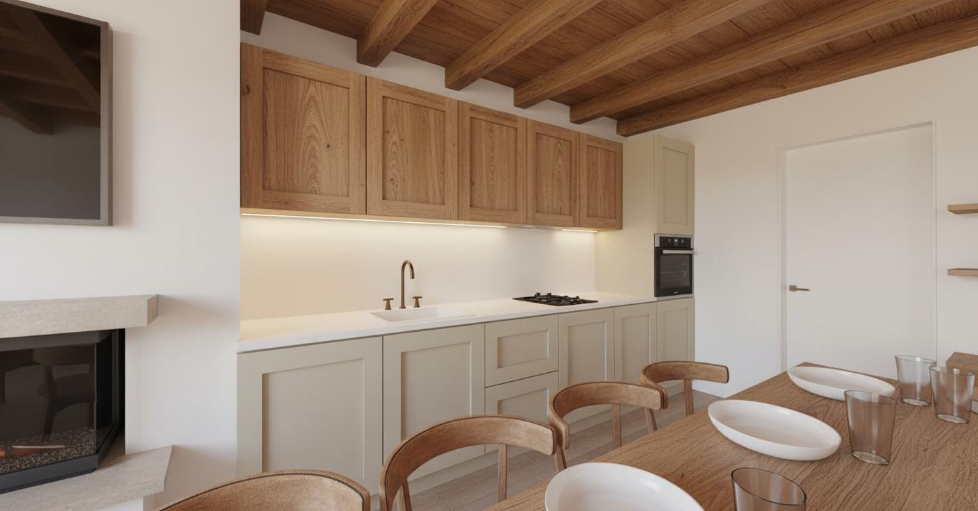 An incredibly lifelike, richly detailed, interior photo of a rustic kitchen set in a cozy, inviting home. The scene is illuminated by warm, ambient light, creating a comfortable and welcoming atmosphere. Captured with a wide-angle lens, emphasizing the natural wood grain of the upper cabinets and the smoothly painted lower cabinetry, the rendering highlights the rich texture of the wooden ceiling. The brushed bronze faucet gleams against the crisp white sink, juxtaposed with the clean lines of the integrated stovetop. The foreground features a sturdy wooden dining table, set with minimalist white plates and clear glassware, hinting at a recently enjoyed meal. The plush, textured upholstery of the dining chairs adds a tactile element to the scene, reinforcing the rustic charm. The simple, modern door with its sleek handle suggests seamless access to other areas of the home. The overall composition draws the eye across the functional yet aesthetically pleasing kitchen space, embodying the rustic interior design trend.