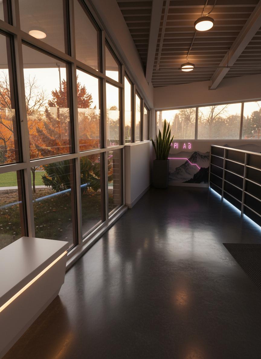 An incredibly lifelike, richly detailed, photorealistic interior photo of a tranquil transition space set in an autumn environment. The scene is illuminated by the soft, warm glow of a setting sun, casting long, dramatic shadows across the polished concrete floor, creating a digital zen atmosphere. Captured with a wide-angle lens, emphasizing the seamless blend of minimalist, futuristic, and tranquil design elements. The original space, with its industrial ceiling and functional railing, is transformed into a serene, high-tech sanctuary. Sleek, white, minimalist benches with integrated LED strip lighting line the expansive windows, inviting quiet contemplation. The wall opposite the windows features a large-scale digital landscape artwork, depicting a serene, misty mountain range at dusk, rendered in shades of cool grays and whites, subtly accented by thin neon pink lines that echo the digital streams often seen in cyberpunk aesthetics. Strategically placed, tall, minimalist planters house lush, sculptural indoor plants, their verdant green providing a striking contrast to the cool color palette. The traditional railing is replaced by a matte black, minimalist barrier with integrated, soft blue LED lighting that casts a gentle glow on the floor. The polished concrete floor, now a deep charcoal gray, reflects the sky and interior lighting, adding depth and mirroring the digital streams of