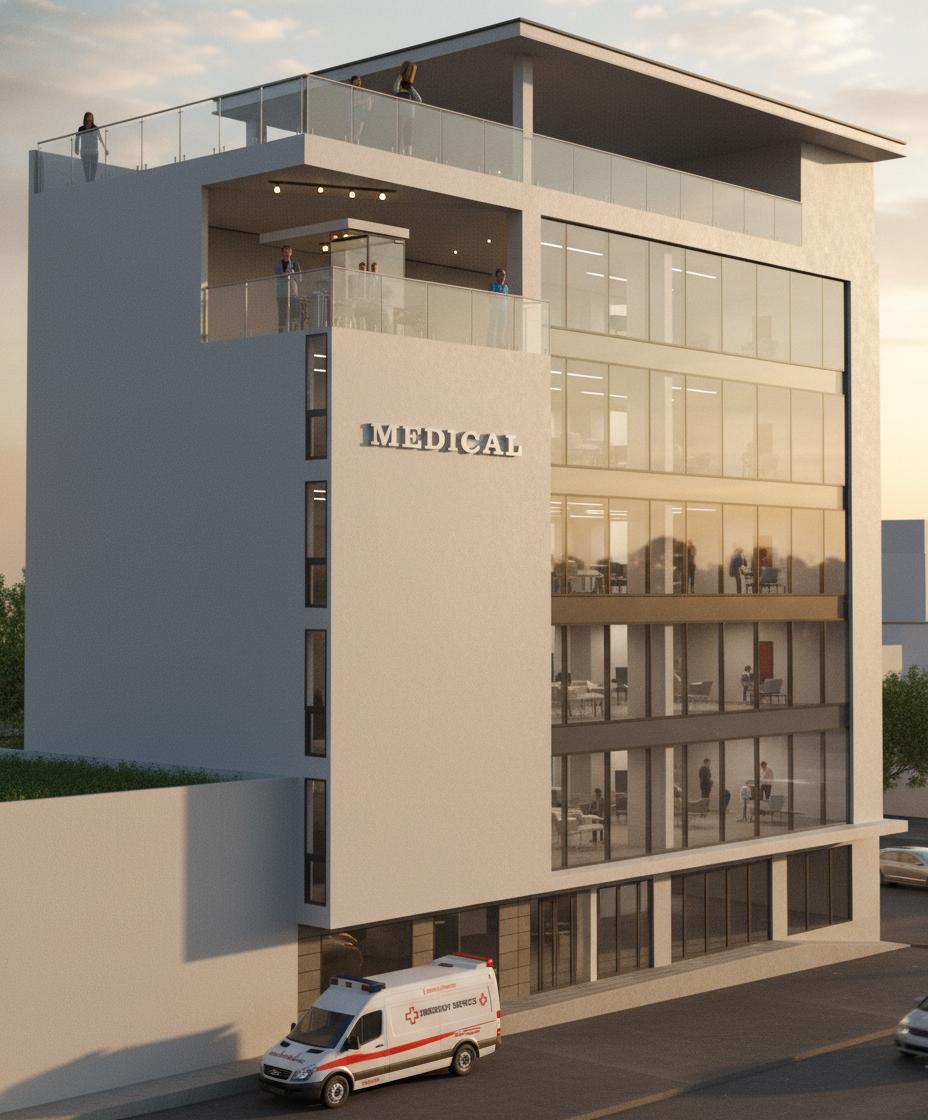 An incredibly lifelike, richly detailed, architectural photo of a modern medical building set in a bustling urban environment at sunset. The scene is illuminated by the warm, golden hues of the setting sun, casting long, dramatic shadows and creating a serene yet professional atmosphere. Captured with a wide-angle lens, emphasizing the sleek, contemporary facade that blends expansive glass panels with crisp, light gray cladding. The building features multiple levels with prominent horizontal bands of glass, offering glimpses into various clinical or administrative spaces. A striking cantilevered section on one side reveals figures on a balcony, suggesting patient or staff interaction. The uppermost level boasts a spacious terrace with a transparent glass railing, providing panoramic views and a sense of openness. Below, an ambulance, emblazoned with a red cross, is parked curbside, hinting at the building's vital role in healthcare services. The architectural style is a sophisticated modern fusion, characterized by clean lines, geometric forms, and an emphasis on natural light. Reflected light from the street and the sky softly glints off the glass surfaces, adding depth and realism to the rendering, while the distant, subtly rendered sky with hints of diffused clouds suggests a calm, clear evening.