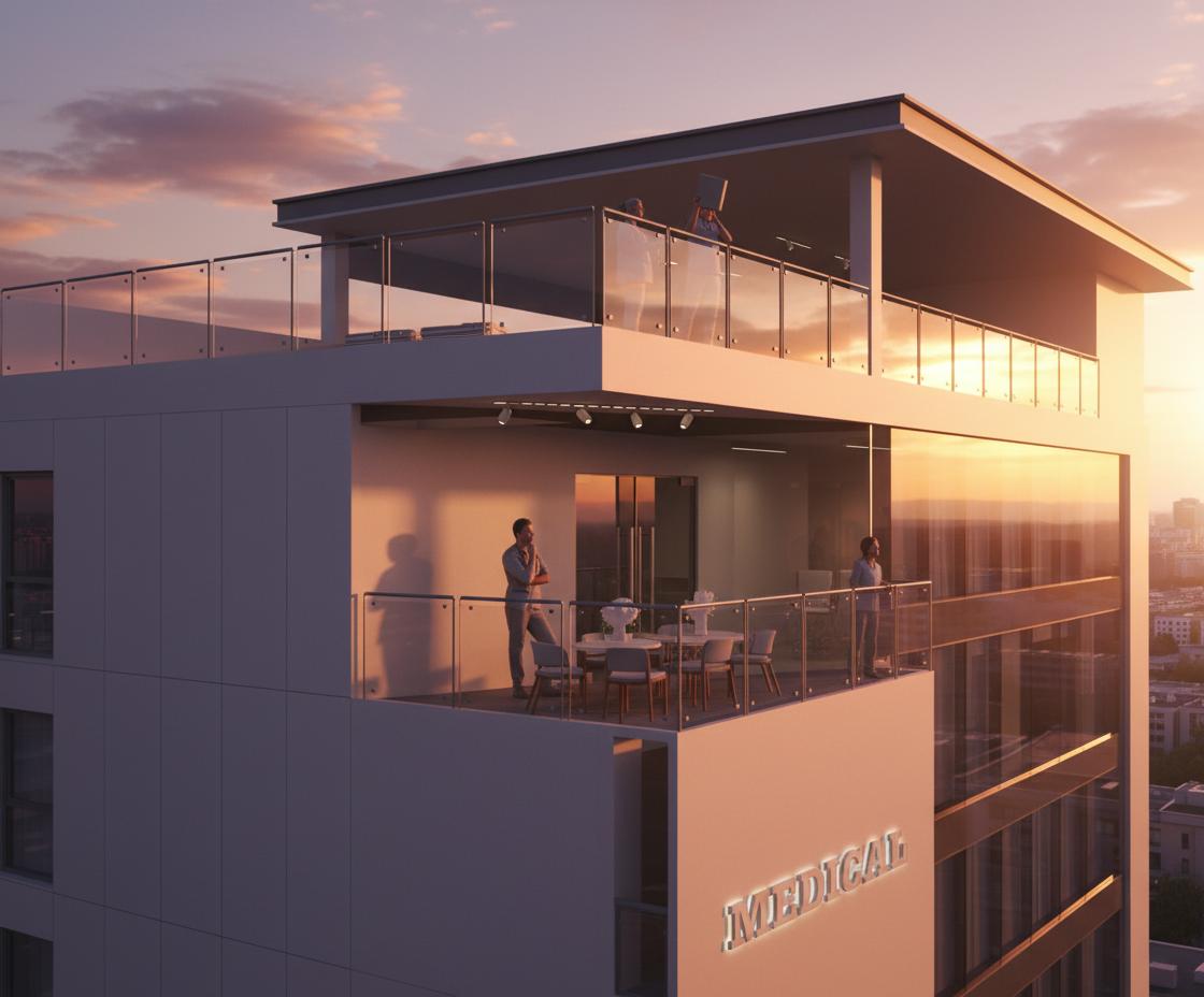 An incredibly lifelike, richly detailed, architectural photo of a modern medical building's upper levels, bathed in the warm glow of a dramatic sunset. The scene is illuminated by the golden light of the setting sun, casting long shadows and creating a serene, tranquil atmosphere that complements the sleek, contemporary design. Captured with a wide-angle lens, emphasizing the clean lines of the building and the interplay of materials, this shot highlights the sophisticated use of glass railings on the expansive rooftop terrace and the upper-floor balconies. Modernist architectural elements are evident, with a flat roof structure and minimalist facades. The glass railings gleam, reflecting the vibrant hues of the sunset sky, while the interior visible through the expansive windows reveals a modern reception area with a stylish dining set, suggesting a space for both professional focus and relaxation. The "MEDICAL" signage is subtly integrated into the building's facade, adding a touch of refined branding. The overall impression is one of elegant functionality and a harmonious blend with its implied urban context, hinting at an oasis of calm within a bustling environment.