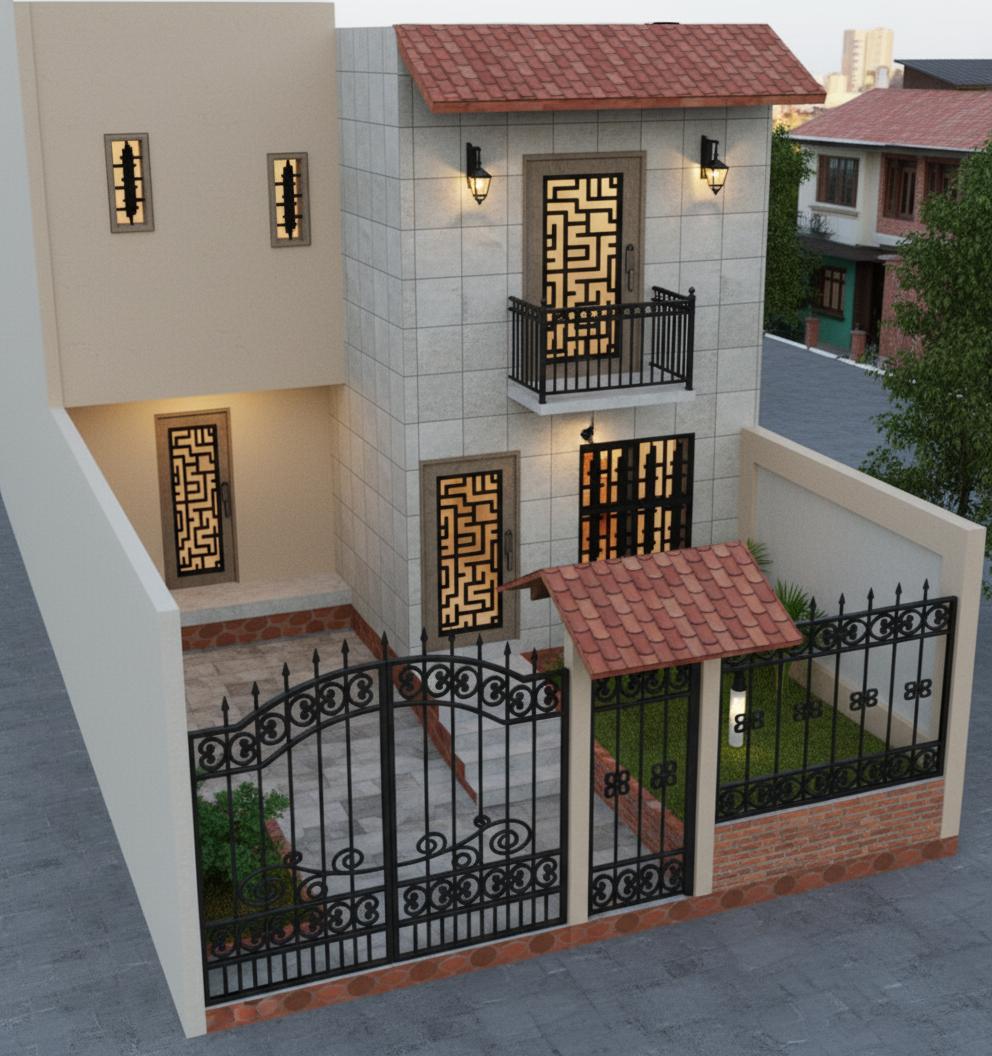 An incredibly lifelike, richly detailed, photorealistic architectural photo of an elegant colonial-style house with modern fusion elements, set in a vibrant urban environment. The scene is illuminated by soft, warm lighting emanating from the facade and the lush garden, creating a welcoming and serene atmosphere. Captured with a wide-angle lens, emphasizing the textured grey stone facade and the contrasting beige stucco of the upper section, this rendering highlights the intricate black wrought-iron gates and decorative window grilles. The traditional red-tile roofing adds a classic touch, while the modern fusion is subtly hinted at in the clean lines and the subtle integration of landscaping. The composition draws the eye through the ornate main gate, past a small, manicured garden with neatly arranged brick borders, towards the house's main entrance and the upper balcony. Reflections in the glass panes are minimal, suggesting a slightly overcast yet bright day, perfect for showcasing the architectural details and the inviting ambiance.