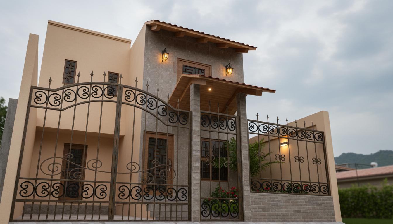 An incredibly lifelike, richly detailed, photorealistic architectural photo of a modern fusion home with rustic finishes, set against a subtly overcast sky that hints at an early morning or late afternoon. The scene is illuminated by a soft, diffused light combined with strategically placed facade and garden lighting, creating a warm and inviting atmosphere. Captured with a wide-angle lens, emphasizing the striking contrast between the smooth, sand-colored stucco walls and the textured grey stone facade that accentuates the entrance. The elaborate, wrought-iron gate, a focal point, features intricate scrollwork and offers glimpses of a small, manicured garden within. Rustic wooden beams support a red-tiled overhang, adding to the fusion of modern and traditional elements. The composition draws the eye towards the main entrance, framed by decorative sconces, while the imposing gates and the varying heights of the walls create a sense of depth and private enclosure. The rendering quality is exceptional, with a shallow depth of field subtly blurring the background and highlighting the intricate details of the ironwork and stonework, truly bringing this modern oasis to life.