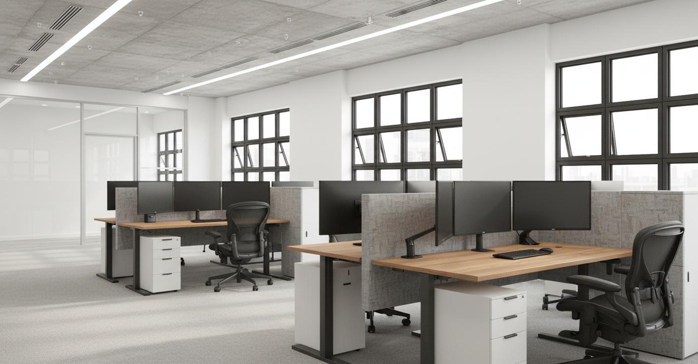 An incredibly lifelike, richly detailed, photorealistic interior photo of a modern coworking space in an urban environment. The scene is illuminated by a combination of bright, natural light streaming through large, industrial-style black-framed windows and sleek, linear LED ceiling lights, creating a productive yet welcoming atmosphere. Captured with a wide-angle lens, emphasizing the spaciousness and the interplay of clean modern lines with subtle shabby chic elements. The architectural style blends contemporary, minimalist design with hints of rustic charm, evident in the exposed concrete ceiling with its textured finish and the warm, natural wood grain of the desk surfaces and storage units. Crisp white walls provide a clean backdrop, contrasting with the muted grey and textured fabric of the desk dividers, which echo the subtle imperfections of a shabby chic aesthetic. The floors are a practical, low-pile commercial carpet in a light grey hue, adding to the subdued color palette. The composition is dynamic, with rows of ergonomic workstations featuring multiple monitors on adjustable arms leading the eye towards the striking grid pattern of the windows. Reflections are subtly present on the glass partitions of the adjacent private offices, hinting at the structure beyond. The overall impression is one of a stylish, functional, and on-trend workspace, as seen on Pinterest, where natural materials and thoughtful design