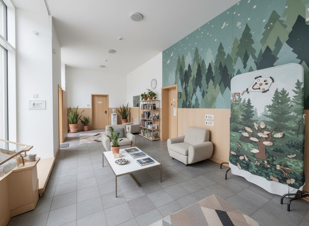 An incredibly lifelike, richly detailed, wide-angle interior photograph of a modern hotel lobby set in a minimalist Scandinavian sanctuary. The scene is illuminated by a soft, diffused natural light pouring in from large, unadorned windows, creating a tranquil and serene atmosphere. Captured with a [camera/lens details like: Hasselblad X2D 100C with a 25mm f/2.5 lens], emphasizing the clean lines, light wood finishes, and plush textiles. The original utilitarian space is transformed into a welcoming haven, featuring a palette of whites, soft grays, and muted greens. A long, low-slung sofa upholstered in a textured, light gray fabric invites relaxation, complemented by a pair of minimalist Scandinavian-style armchairs in a pale ash wood with natural linen cushions. A sleek, low coffee table with a matte white surface and brushed metal legs sits centrally, adorned with a curated selection of photography books and a shallow ceramic bowl holding smooth river stones. Nature-inspired wall art, perhaps a large-scale abstract piece in shades of forest green and sky blue, replaces the vibrant mural, while subtle greenery from strategically placed potted plants, like snake plants and fiddle-leaf figs in simple terracotta pots, adds organic life. The geometric