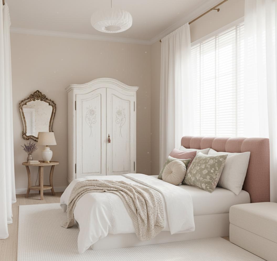 An incredibly lifelike, richly detailed, photorealistic interior photo of a serene bedroom set in a cozy, autumnal home. The scene is illuminated by soft, diffused midday light filtering through sheer white curtains and the slatted blinds of a large window, creating a tranquil and slightly ethereal atmosphere. Captured with a wide-angle lens, emphasizing the soft textures and gentle light play.

This reimagined bedroom embraces a shabby chic aesthetic, a delightful departure from the current minimalist leanings of the original. Instead of stark lines and uniform wood tones, imagine a space that whispers of lived-in elegance and romanticism. The dominant color palette shifts to a foundation of warm, creamy whites, softened by delicate dusty rose, muted sage green, and hints of antique brass.

The original's sleek, blonde wood cabinetry above the bed is replaced by a beautifully distressed, antique white armoire, its doors subtly carved with floral motifs. This piece stands gracefully, offering ample storage while exuding character. Beneath it, a thick, textured linen headboard in a soft, muted rose color anchors the bed. The bedding itself is a layered symphony of textures: a crisp white cotton duvet cover with subtle embroidery, topped with a plush, hand-knitted throw in a creamy ecru. Scatter cushions