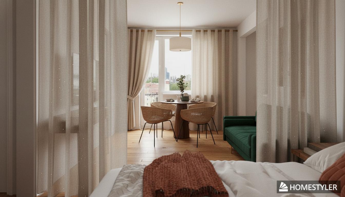 An incredibly lifelike, richly detailed, photorealistic interior photo of a living room with shabby chic design elements set in a cozy, urban apartment. The scene is illuminated by a soft, diffused daylight filtering through sheer curtains and a warm, ambient ceiling light, creating a tranquil and inviting atmosphere. Captured with a wide-angle lens, emphasizing the warm tones of the polished wooden floor and the textured fabrics of the furnishings, the rendering draws the viewer into the intimate space. Sheer, floor-to-ceiling curtains in a muted beige, textured with tiny flecks of sparkle, elegantly partition the space, hinting at defined functional zones within an open-plan layout. In the foreground, a bed is dressed with a thick, rust-colored knit throw, suggesting comfort and relaxation. A glimpse into the dining nook reveals a round, dark-topped table surrounded by four woven rattan chairs with minimalist metal legs. Behind the dining area, heavy, cream-colored curtains are drawn, framing a blurred view of an urban landscape outside. To the right, a deep forest-green sofa with slender gold legs adds a touch of modern sophistication, juxtaposed with the rustic charm of the dining set. The composition utilizes a shallow depth of field, with the foreground elements softly blurred, drawing focused attention