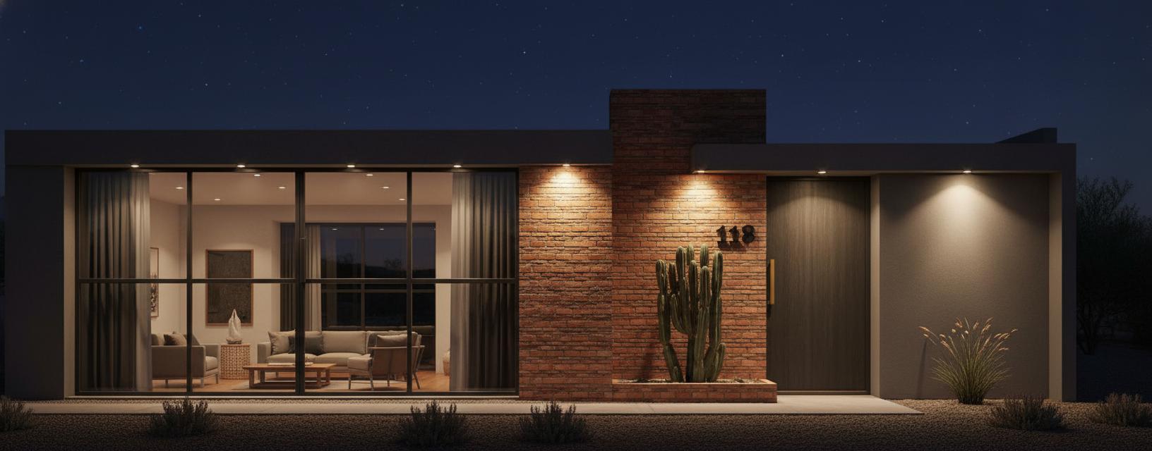 An incredibly lifelike, richly detailed, photorealistic wide-angle architectural photo of a modern rustic house exterior at night. The scene is illuminated by the warm glow of strategically placed exterior lights that cast soft shadows across the facade, highlighting the textured, sun-baked brickwork and the sleek, dark metal of the large garage doors. A solitary, striking cactus stands sentinel in front of the brick accent wall, while dry, wispy grasses add a touch of wild elegance to the foreground next to a minimalist gray section of the wall. The imposing dark gray door and its subtle brass handle invite curiosity, hinting at the rustic interior design within, hinted at by the warm light spilling faintly from behind the doorway. Captured with a wide-angle lens, likely during a clear night sky, the rendering emphasizes the striking contrast between the natural, earthy tones of the brick and the clean, geometric lines of the modern structure, creating a striking and inviting atmosphere.