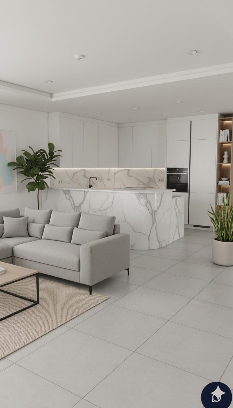 An incredibly lifelike, richly detailed, interior photo of a minimalist haven set in a serene, modern apartment. The scene is illuminated by soft, diffused natural light spilling in from unseen windows, creating a tranquil and inviting atmosphere. Captured with a wide-angle lens, emphasizing the clean lines and uncluttered surfaces of the space. Shades of white, gray, and subtle pastels dominate the monochromatic palette, accented by the warm tones of sleek wooden furniture and the cool gleam of brushed metal. The living area features a low-profile modular sofa in a soft, dove-gray fabric, arranged around a minimalist coffee table crafted from light oak and matte black metal. A tightly woven natural fiber rug grounds the seating area, adding subtle texture. Across from the sofa, a curved island clad in striking white marble with dramatic gray veining acts as the focal point of the open-plan kitchen and living space. Integrated, handle-less white cabinetry offers ample hidden storage, maintaining the streamlined aesthetic. Above the island, a single, large abstract art piece with pastel hues provides a gentle splash of color against the crisp white walls. A few carefully selected indoor plants, their deep green foliage contrasting with the muted tones, are strategically placed to bring a touch of organic life into the space. Bookshelves