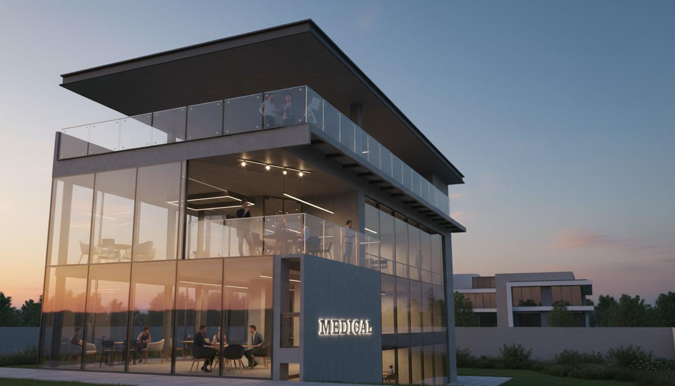 An incredibly lifelike, richly detailed, photorealistic architectural photo of a modern medical building at sunset, creating a warm, inviting, and professional atmosphere. The building features a sleek, cantilevered roofline supported by prominent I-beam (IPR) structural elements that lend a modern fusion aesthetic. Expansive glass panels dominate the facade, offering glimpses into well-lit interior spaces. A stylishly appointed terrace on the upper level is enclosed by frameless glass railings, providing a sophisticated outdoor extension to the building. Below, the second level also boasts a glass facade, revealing a modern office or waiting area with contemporary lighting fixtures and furniture. The "MEDICAL" signage is prominently displayed, adding to the building's clear function. The surrounding environment is subtly hinted at, suggesting an urban or suburban context with a soft, gradient sky of sunset hues indicating a calm evening. The rendering's composition, likely captured with a slight wide-angle lens, emphasizes the building's geometric lines and the interplay of light and shadow, highlighting the clean finishes and modern materials.
