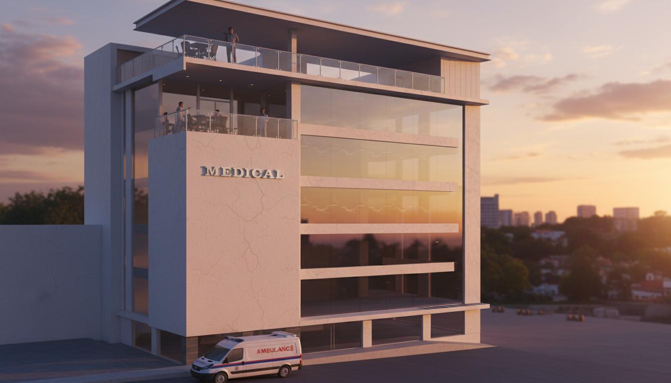 An incredibly lifelike, richly detailed, photorealistic architectural photo of a modern building facade during sunset. The scene is illuminated by warm, diffused light casting long shadows, creating a serene and inviting atmosphere. Captured with a wide-angle lens, emphasizing the sleek lines and the interplay of glass and concrete. The architectural style is modern fusion, with clean, geometric forms softened by the warm glow of the setting sun. Large expanses of glass on the facade reflect the sky, creating a sense of depth and a connection to the environment. Horizontal I-beams are subtly integrated into the facade, adding a touch of industrial chic. A cantilevered terrace on the upper level features a glass balustrade, offering a sophisticated space for occupants. Below, the ground level entrance is framed by glass panels, hinting at the modern interior. A parked ambulance on the street suggests the building's medical purpose, adding a touch of narrative to the scene. The overall impression is one of elegant modernity, a tranquil urban oasis bathed in the golden light of dusk.