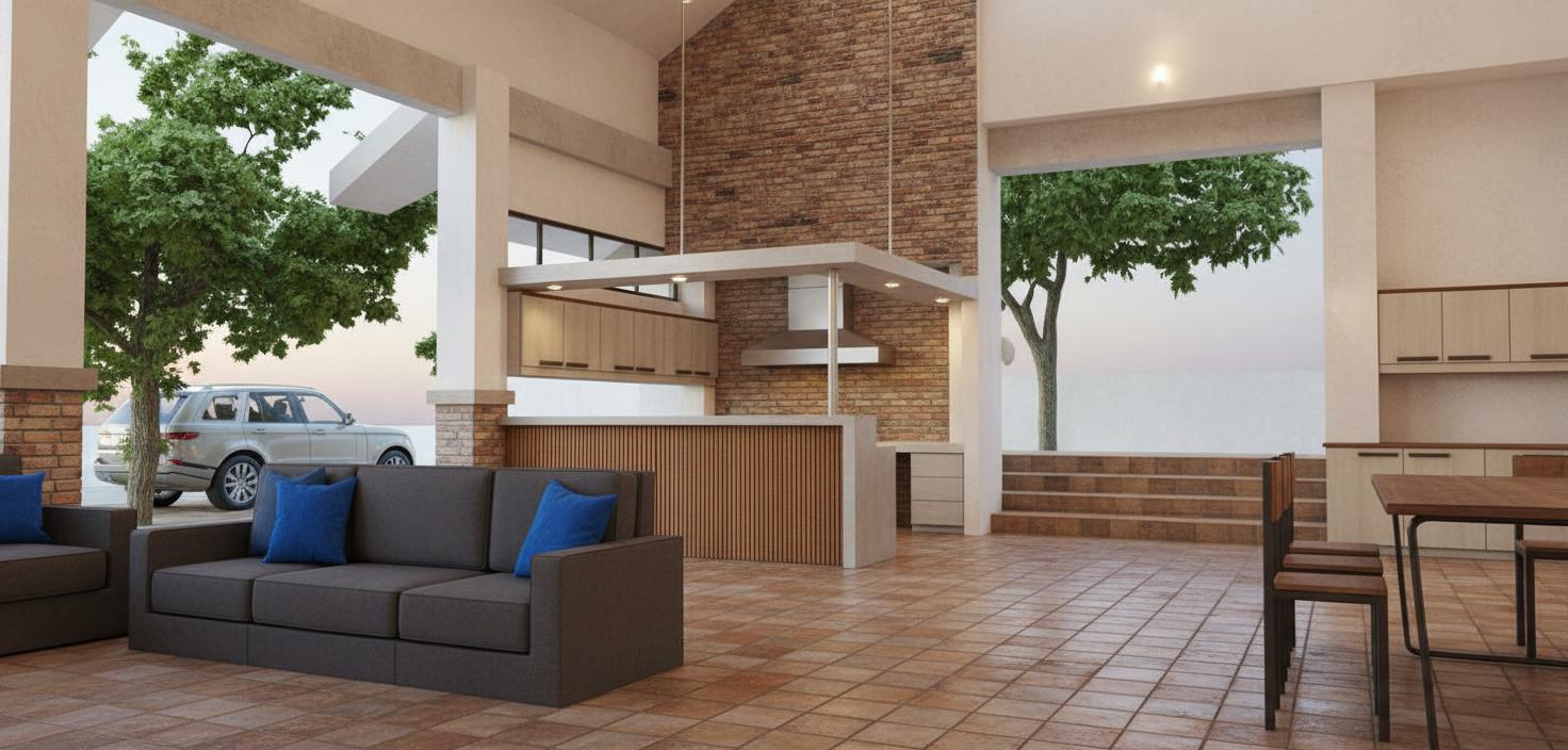 An incredibly lifelike, richly detailed, photorealistic interior photo of a shabby chic living room set in a spacious, open-plan home with a visible outdoor element. The scene is illuminated by a warm, diffused artificial light from overhead fixtures and perhaps some ambient exterior light, creating a cozy, inviting atmosphere, almost as if capturing a tranquil moment at dusk or on a softly lit evening. Captured with a wide-angle lens from a low perspective, emphasizing the expansive feel of the room and the unique textures of the materials. Dominating the mid-ground is a modern kitchen island with a rustic brick backsplash supporting a sleek stainless-steel range hood, contrasted by the warm, slatted wood paneling of the island's front. To the left, comfortable charcoal-grey sofas with vibrant royal blue cushions offer a pop of color, framing a view of a light-colored SUV parked under a lush, mature tree. The flooring is a textured, earth-toned tile laid in a diagonal grid, adding to the slightly worn yet charming aesthetic. In the background to the right, a dining area is suggested with a dark wooden table and simple metal-framed chairs, situated next to more cabinetry. The overall impression is of a relaxed, yet stylish living space where indoor comfort merges seamlessly with