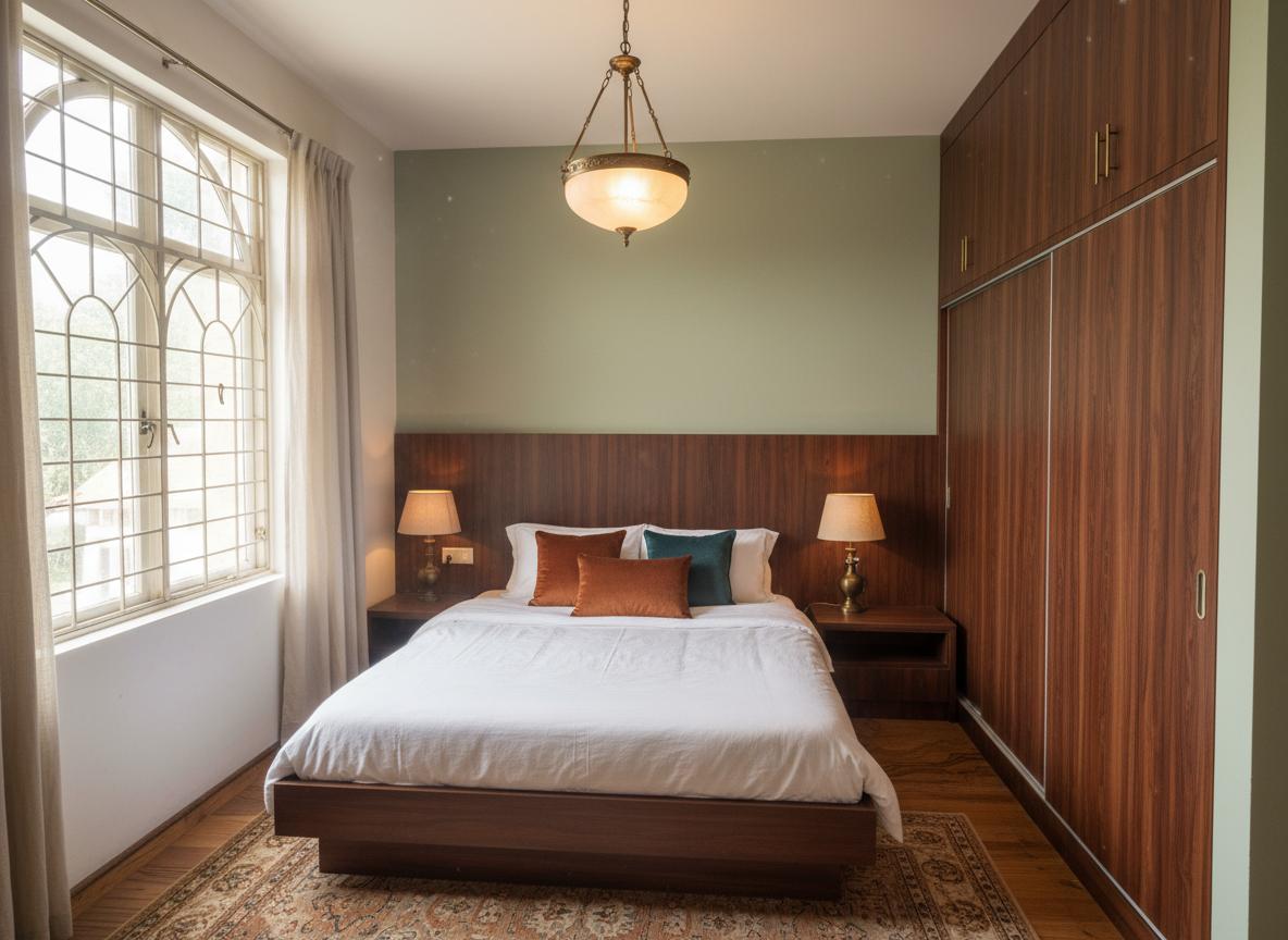 An incredibly lifelike, richly detailed, interior photo of a bedroom set in a sun-drenched, subtly aged environment. The scene is illuminated by the soft, diffused natural light filtering through a large, arched window with vintage wrought iron detailing, creating a warm, nostalgic, and tranquil atmosphere. Captured with a wide-angle lens, emphasizing the textures of the aged wood flooring, the clean lines of the built-in wardrobe with its contrasting wood grains, and the minimalist, modern bed. The reimagined design transforms this space into a sanctuary of understated vintage elegance. The walls are painted a calming, muted sage green, providing a sophisticated backdrop for the darker, richly grained wood of the headboard and the integrated nightstands. The wardrobe doors are now a deep, aged cherry wood with subtle, hand-carved detailing, their pulls replaced with antique brass knobs. A plush, hand-knotted wool rug in warm earth tones anchors the sleeping area, its intricate pattern hinting at stories of the past. Instead of the ceiling fan, a statement pendant light fixture with frosted glass and an ornate metalwork base hangs low over the bed, casting a soft, inviting glow. The bed itself is adorned with crisp, white linen bedding and a collection of velvet throw pillows in shades of burnt orange and deep teal, adding depth and luxury. On each nightstand, a vintage brass base lamp with a linen shade casts a warm pool of light, perfect for reading. The window, while retaining its charming ironwork, now features sheer linen curtains that allow for privacy while still maximizing the natural light. This space evokes a sense of timeless comfort and quiet luxury, a perfect retreat that feels both lived-in and impeccably curated, as if it has always been this way, a cherished corner where past and present gently coexist.