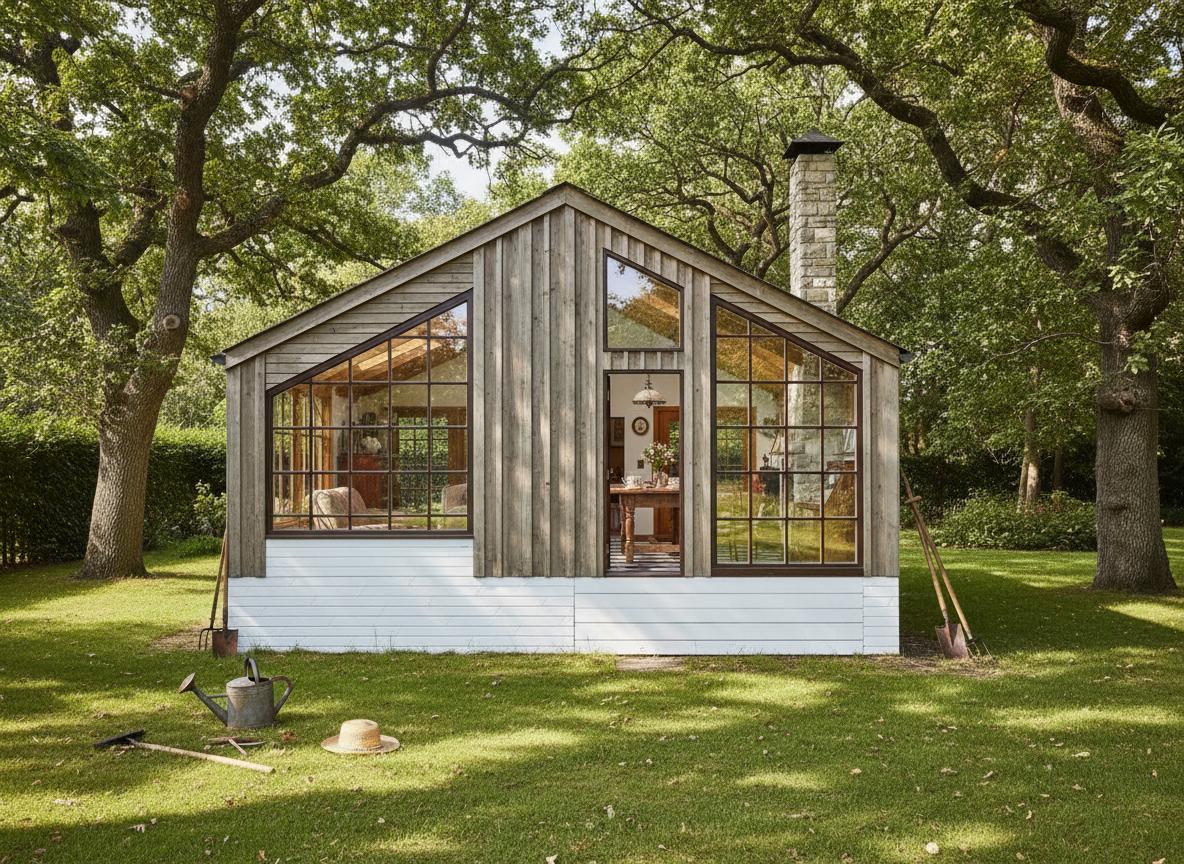 An incredibly lifelike, richly detailed, photorealistic architectural photo of a vintage summer house exterior and its inviting interior, set within a sun-dappled garden. The scene is illuminated by bright midday summer light, creating a warm and nostalgic atmosphere. Captured with a wide-angle lens, emphasizing the weathered charm of the exposed timber beams, the crisp white clapboard siding, and the dappled sunlight filtering through mature oak trees onto the manicured lawn strewn with vintage gardening tools. Inside, through large casement windows, hints of a lovingly preserved interior design emerge: a checkerboard tiled floor, a rustic farmhouse table set with antique porcelain, and the gentle glow of sunlight catching on well-worn wooden furniture, all curated to evoke a timeless sense of comfort and sophisticated repose.
