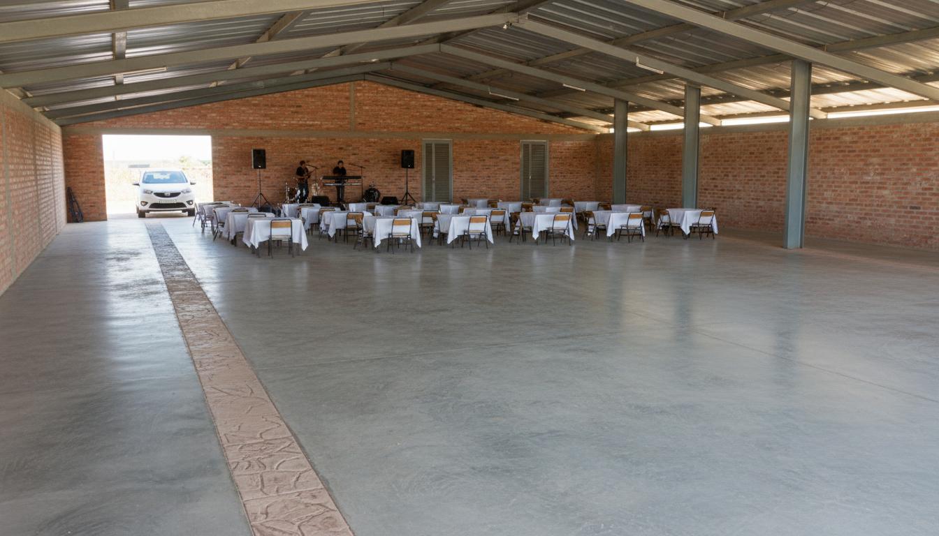 An incredibly lifelike, richly detailed, photorealistic interior photograph of a spacious event hall set in a modern fusion environment. The scene is illuminated by bright midday light streaming in, creating a vibrant and welcoming atmosphere. Captured with a wide-angle lens, emphasizing the polished concrete floor with its distinctive stamped concrete line and the exposed brick walls that lend a rustic charm. The exposed steel beam ceiling with gray metal sheeting adds a contemporary industrial touch. Rows of elegantly set tables adorned with crisp white cloths suggest a sophisticated salon de fiestas ready to host an event, while a small stage with speakers and figures of musicians hints at live entertainment. A white car is visible through an open bay in the background, adding a touch of unexpected realism. The depth of field subtly blurs the background, drawing the viewer's attention to the meticulously detailed foreground elements.