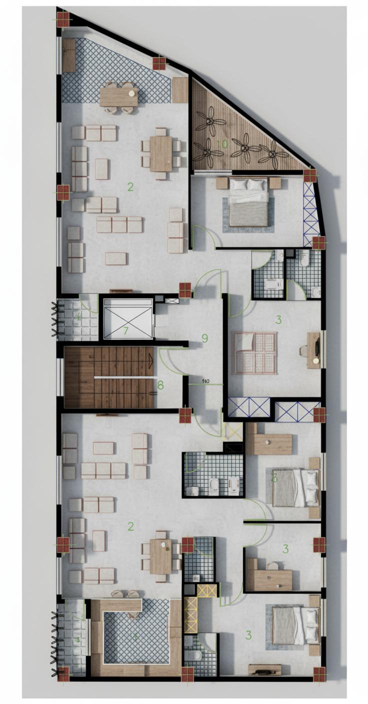 An incredibly lifelike, richly detailed, photorealistic top-down architectural render of a multi-room floor plan. The scene is illuminated by soft, ambient lighting that casts subtle, elegant shadows, giving depth and form to the depicted spaces. The rendering utilizes realistic material textures, with subtle variations in tone and sheen suggesting polished concrete floors in the main living areas (labeled "2"), detailed tile work in what appear to be bathrooms or utility spaces (indicated by hatched patterns), and the clean, crisp lines of modern fixtures. The overall impression is one of sophisticated minimalism, with a neutral light gray background and clean white margins framing the pristine floor plan. The composition is clear and precise, allowing for easy understanding of room layouts, the prominent staircase (labeled "8"), elevator shaft (labeled "7"), and the fan-like decorative elements (labeled "10") suggesting an outdoor or semi-outdoor space. The meticulous rendering of every line and proportion from the original plan retains its integrity, resulting in a highly professional and visually appealing presentation suitable for a high-end architectural portfolio.