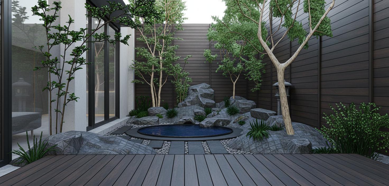 An incredibly lifelike, richly detailed, photorealistic interior photo of an outdoor patio set in a tranquil, modern garden. The scene is illuminated by a soft, diffused daylight, creating a serene and inviting atmosphere. Captured with a wide-angle lens, emphasizing the rich textures of the dark wooden deck in the foreground, the meticulously placed rocks nestled within lush green groundcover, and the delicate foliage of strategically planted trees and shrubs. The central focus is a circular plunge pool, its water a deep, inviting blue, bordered by a sleek modernist edge and dark stepping stones. To the left, floor-to-ceiling windows of a contemporary dwelling offer a glimpse of minimalist interior finishes in muted grays and whites, contrasting with the natural elements of the garden. The background is defined by a striking, dark horizontal slatted fence, adding a contemporary and sophisticated boundary. A traditional stone lantern stands near a mature tree on the right, hinting at a blend of modern and subtle vintage influences that are trending on Pinterest. The composition fosters a deep sense of depth and perspective, drawing the viewer into the peaceful, curated outdoor space.
