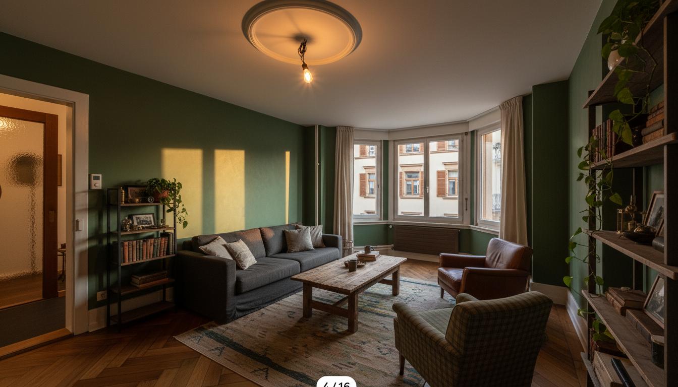 An incredibly lifelike, richly detailed, photorealistic interior photo of a rustic living room set in an old building ("Altbau") with large windows and a door leading to an office. The scene is illuminated by the warm, golden glow of sunset, casting long shadows and creating a cozy, inviting atmosphere. Captured with a wide-angle lens on a Canon EOS R5, emphasizing the rich textures of the distressed wooden herringbone floor, the slightly aged plaster walls, and the classic aluminum radiators.

The original design is reimagined to embrace its "Altbau" character with a more deliberate rustic aesthetic. Instead of stark white walls, imagine a soft, deep moss green or a warm, earthy terracotta applied to the primary walls, creating a sense of intimacy. The ceiling's existing ornate medallion remains, but now it's home to a statement pendant light with a wrought-iron finish and exposed Edison bulbs, providing a warm, ambient glow. The parquet flooring, already beautiful, is revitalized with a darker, slightly aged oil finish that deepens its character. The radiators are painted in a matte, dark bronze, blending seamlessly with the lower wall tones.

The context is a late afternoon in autumn, with the sun setting over a European city street, visible through the large bay windows. The exterior view shows charming pre-war architecture with shutters slightly ajar, hinting at the life within the neighboring buildings. The atmosphere is quiet, contemplative, and warmly inviting, perfect for unwinding after a long day—a space that feels both elegant and lived-in.

The new composition centers around a plush, deep-seated sofa upholstered in a textured, charcoal grey linen, placed against the longest wall. Opposite it, a substantial, reclaimed wood coffee table sits at the heart of the room. Two overstuffed armchairs, one in a rich cognac leather and the other in a subtle plaid wool, flank the sofa, creating a conversational grouping. The door leading to the office is now a feature, perhaps with a richly stained wood finish and a vintage glass panel, suggesting a transition to a more focused workspace. A large, hand-knotted wool rug with an abstract, earthy pattern lies beneath the seating area, grounding the space. Shelving units crafted from dark, weathered wood are strategically placed along the walls, displaying a curated collection of books, antique curios, and potted plants with trailing vines.

The outdoor view is a key element, allowing the sunset's drama to become part of the interior's narrative. The large windows are intentionally kept unadorned, perhaps with sheer, linen drapes that can be drawn for privacy but are otherwise open to the view and the fading light. The natural light floods the room, highlighting the textures and creating a dynamic play of light and shadow.

Realistically, this reimagined interior feels grounded and authentic. The wall finishes are intentionally imperfect, with a subtle texture that catches the light. The furniture is substantial and comfortable, with natural materials like wood, leather, and linen taking center stage. Functional areas are clearly defined: the seating area for relaxation and conversation, and the subtle delineation towards the office door hints at its purpose. A unique feature is the integration of vintage elements, like the ceiling medallion and the door, which are enhanced rather than hidden, celebrating the building's history.

The design qualities here are focused on creating a balanced and inviting space. The furniture arrangement is asymmetrical but harmoniously balanced, with the larger sofa offset by the two armchairs. The proportions of the furniture feel generous and comfortable, respecting the human scale. The visual weight of the seating arrangement is balanced by the significant architectural features like the bay windows and the door, preventing any one element from feeling overpowering. The textures, from the rough wood to the soft fabrics, all contribute to a tactile and inviting experience, making the space feel as comfortable as it is visually appealing.