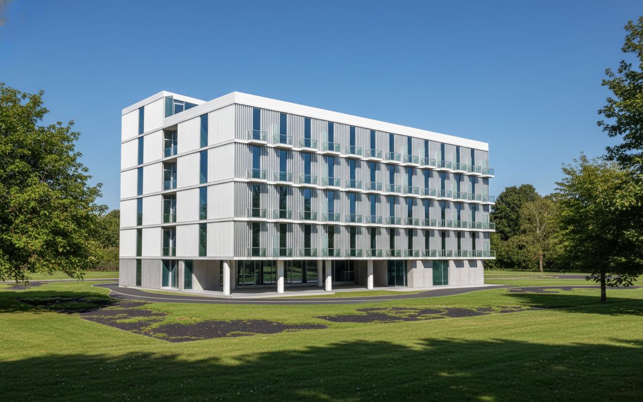 An incredibly lifelike, richly detailed, photorealistic exterior shot of a modern, multi-story building, possibly a luxury care facility or onsen resort, set against a clear, bright blue midday sky. The scene is illuminated by direct sunlight, casting crisp shadows and creating a serene, minimalist haven atmosphere. Captured with a wide-angle lens from a slightly low perspective, emphasizing the building's clean lines and geometric presence, the rendering showcases the pristine white facade with a subtle play of light and shadow across its surfaces. The ground floor features exposed, smooth concrete walls, offering a raw, grounded aesthetic, while the floors above are clad in vertical, white metal strips that catch the light elegantly. Each level is punctuated by rows of balconies, defined by sleek glass railings that reflect the sky, hinting at tranquil waters or private spa areas within. The surrounding outdoor area is a lush, manicured garden, dotted with mature, verdant trees and expansive green lawns, with dark, organically shaped patches suggesting stylized, naturalistic planting beds or water features. Paved pathways made of a dark, textured material weave through the landscape, leading towards the building's entrance, which is partially visible through the colonnaded ground floor. The overall impression is one of sophisticated tranquility and modern comfort, a perfect retreat designed for relaxation and rejuvenation.