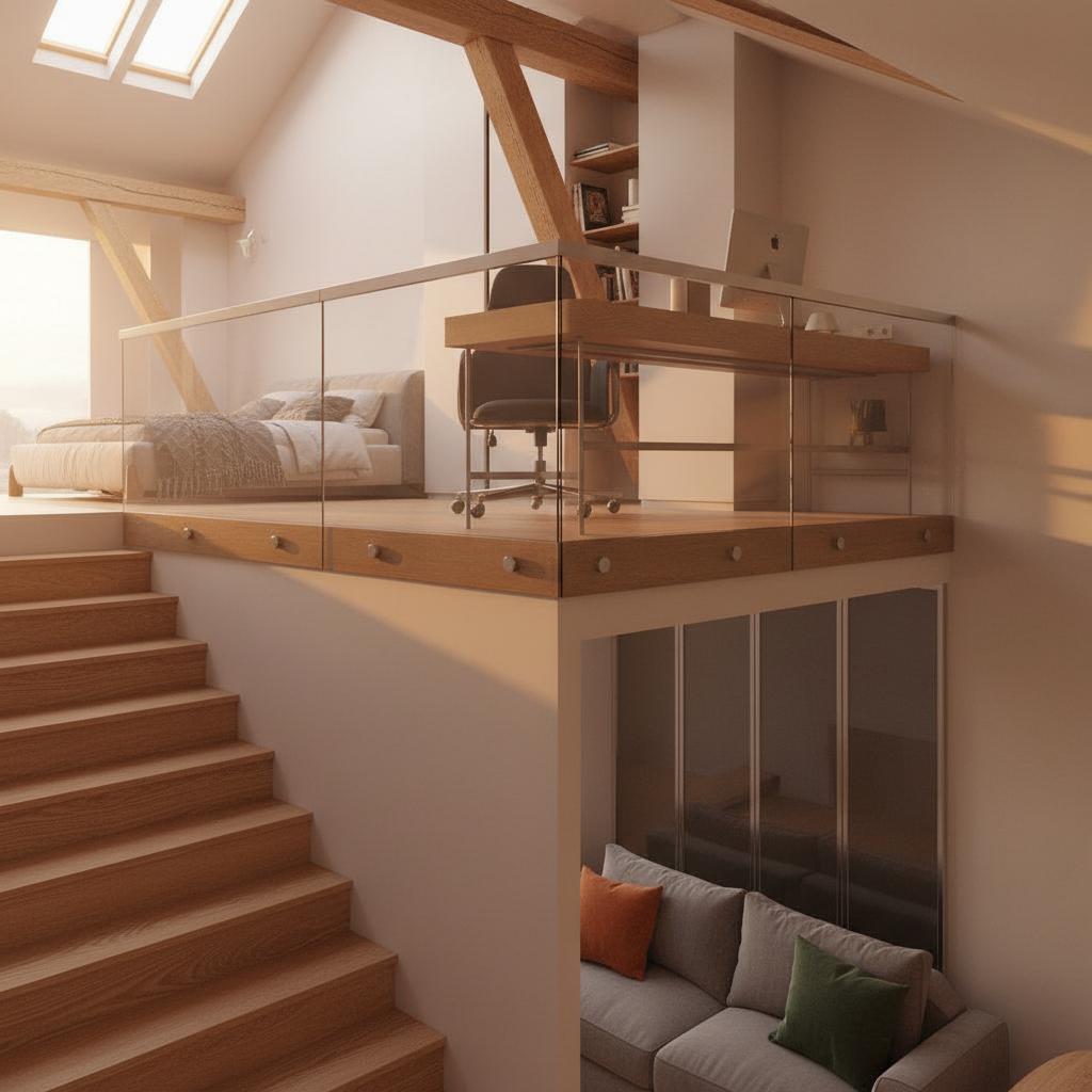 An incredibly lifelike, richly detailed, photorealistic interior photo of a multi-level living space set in an autumn, vintage-inspired home. The scene is illuminated by the warm, soft glow of a sunset filtering through skylights and accent lighting, creating a cozy and inviting atmosphere. Captured with a wide-angle lens, emphasizing the rich texture of the wooden staircase and cabinetry against the clean lines of the modern glass railings and the plush, textured sofa below. The upper level showcases a minimalist bedroom and a sleek home office setup, while the lower area is defined by a comfortable seating arrangement, all integrated seamlessly within the attic's architectural character, highlighted by exposed wooden beams and a gentle depth of field that draws the eye through the thoughtfully designed spaces.