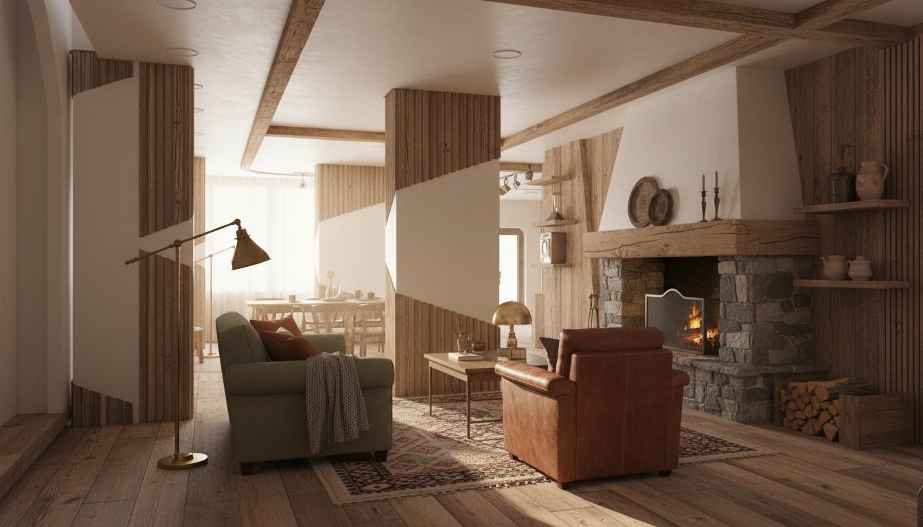 An incredibly lifelike, richly detailed, photorealistic interior photo of a living room with rustic interior design. Trending on Pinterest, the scene is illuminated by a warm, diffused light that suggests late afternoon sun filtering through unseen windows, creating a cozy and inviting atmosphere. Captured with a wide-angle lens, it emphasizes the textured natural materials and the sense of spaciousness. The floors are clad in aged, wide-plank wood with a matte finish, leading the eye through the room. Dominating the space are elements of exposed, rough-hewn timber, appearing in the form of structural beams across the ceiling and as reclaimed wood panels on accent walls. A large, stone fireplace with a substantial wooden mantelpiece anchors one side of the room, its rough texture contrasting with the smoother, aged wood. Muted natural tones prevail, with plush furnishings in earthy hues of olive green, burnt orange, and charcoal grey, upholstered in tactile fabrics like linen and distressed leather. An oversized, hand-knotted rug with a subtle geometric pattern defines the central seating area. Strategically placed vintage-inspired lighting fixtures cast pools of soft, amber light, highlighting the rich textures of the wood and stone. The composition draws the viewer into the comfortable embrace of the rustic aesthetic, with a shallow depth of field blurring the background and drawing focus to the meticulously rendered details of upholstery, wood grain, and stone.