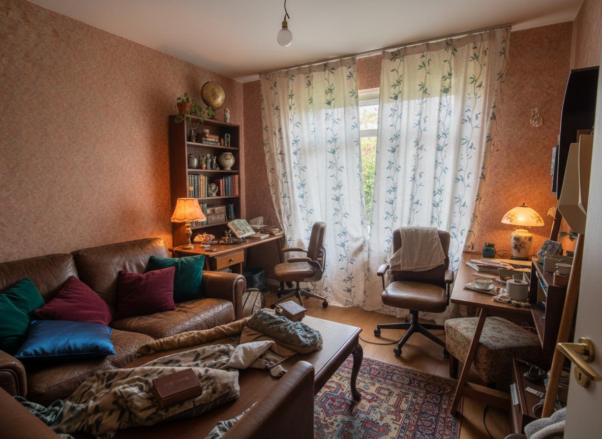 An incredibly lifelike, richly detailed, photorealistic interior photo of a living room set in a cozy, slightly cluttered vintage apartment. The scene is illuminated by the warm glow of a strategically placed floor lamp and the soft, diffused light of late afternoon filtering through sheer, embroidered curtains, creating a nostalgic and inviting atmosphere. Captured with a wide-angle lens, emphasizing the rich textures of natural wood, worn leather, and the delicate patterns of vintage textiles.

This reimagined vintage living room embraces a curated clutter aesthetic, reminiscent of a well-loved study or library. The walls are adorned with a faded subtly patterned wallpaper in a muted terracotta or olive tone, providing a warm backdrop. Dominating the space is a plush, deep-seated sofa upholstered in a rich, worn leather in a chocolate or chestnut hue, inviting relaxation. Scattered across the sofa are an assortment of throw pillows in various textures, from velvet to linen, in jewel tones like emerald green, sapphire blue, and deep burgundy.

A substantial, dark wood coffee table, perhaps with intricate carvings, takes center stage, layered with a stack of vintage books, a delicate porcelain teacup, and a small, ornate brass lamp that casts a warm pool of light. To one side, a tall, dark wood bookshelf overflows with a charming assortment of antique books, small potted plants, and quirky decorative objects like old globes or ceramic figurines. An antique Persian rug with muted, intricate patterns anchors the seating area, its fibers soft underfoot.

The lighting scheme is designed to evoke a sense of intimacy and warmth. A vintage floor lamp with an aged brass finish and a cream-colored fabric shade stands in a corner, casting a gentle, ambient glow. Additional light comes from a small table lamp on a side table, its ceramic base featuring a hand-painted floral motif. The overall color palette is rich and warm, leaning into earthy tones, deep greens, and burnt oranges, with pops of metallic accents from brass and copper.

The arrangement of furniture is slightly asymmetrical, creating an informal yet balanced flow. The sofa is positioned to face a focal point, perhaps a wall with framed vintage botanical prints or a rustic fireplace. An armchair upholstered in a complementary fabric, like a tweed or a muted floral pattern, sits opposite the sofa, completing the conversational area. A small, antique side table serves as a convenient spot for a drink or a book.

The atmosphere is one of quiet contemplation and relaxed elegance. It conjures images of a rainy afternoon spent curled up with a good book, the scent of old paper and perhaps a hint of woodsmoke in the air. The muffled sounds of the city outside are a distant murmur, barely intruding on the tranquil interior. The curtains, perhaps a soft linen with a delicate faded floral print in pale blues and greens, would be drawn back just enough to offer a glimpse of a verdant, slightly overgrown garden or a quiet, tree-lined street, hinting at the world beyond.

This design prioritizes comfort and character. The scale of the furniture is generous, creating a human-centric space that feels both grand and approachable. The interplay of textures—the smooth leather, the rough linen, the aged wood, the soft rug—adds depth and tactile interest. The balance is achieved through the thoughtful placement of larger items, with smaller decorative elements filling the space and maintaining visual harmony without feeling overwhelming. The overall effect is a living room that feels lived-in, personal, and utterly timeless, a sanctuary of vintage charm.