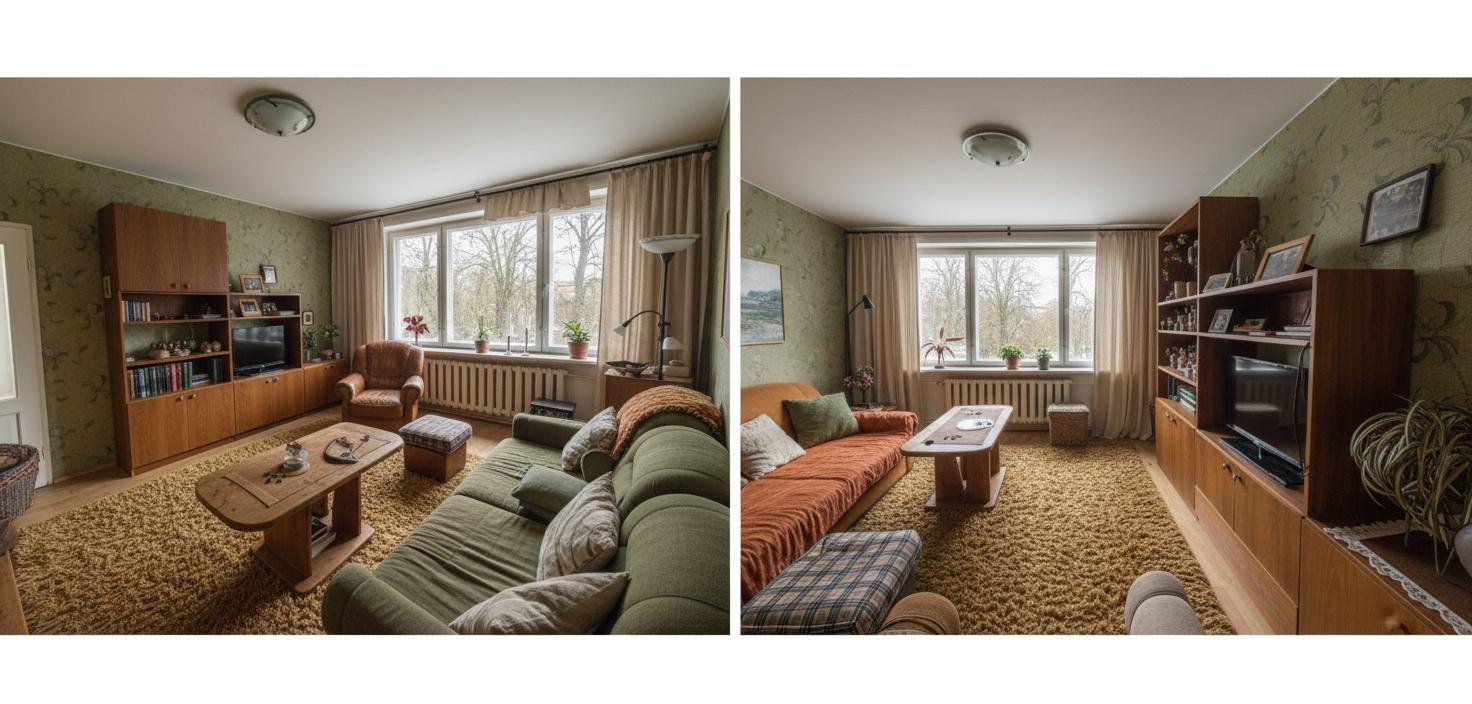 An incredibly lifelike, richly detailed, interior photo of a rustic living room set in a cozy, lived-in home. The scene is illuminated by the soft glow of ambient lamps and the diffused natural light filtering through a large window, creating a warm and inviting atmosphere. Captured with a wide-angle lens, emphasizing the rich textures of the plush, rust-colored rugs, the dark wood shelving unit, and the patterned wallpaper, this reimagined living room embraces rustic charm. Gone are the busy floral patterns; instead, a subtle, tactile wallpaper in a warm cream or a muted olive green complements the natural wood tones. The bulky entertainment unit is replaced by a more streamlined, dark wood credenza with clean lines, topped with curated vintage finds and perhaps a simple, understated piece of art. The vibrant red sofas are softened with throws in earthy tones – think deep ochre, burnt sienna, and forest green – and oversized cushions in organic linen and textured wool. The centerpiece is a handcrafted, thick-legged wooden coffee table, surrounded by a plush, deep pile rug in a warm, honeyed gold. A comfortable, worn leather armchair sits in a corner, perfect for reading, with a slim, elegant floor lamp offering focused light. The large window, draped with linen curtains in a natural weave, reveals a view of mature trees, their branches bare against a soft, overcast sky – a perfect reflection of the rustic, introspective mood. The overall composition is balanced, with the furniture arranged to create intimate conversation zones, all grounded by the warm, inviting floor coverings. The proportions feel generous yet intimate, the design speaking to a comfortable, unpretentious, and timeless aesthetic, trending on Pinterest for its authentic, cozy appeal.
