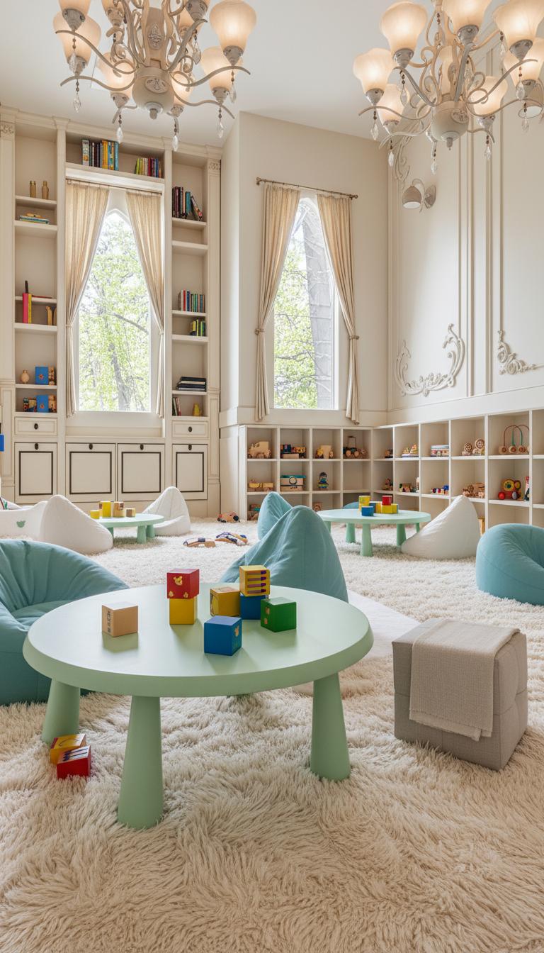 An incredibly lifelike, richly detailed, photorealistic interior photo of a child's playroom set in a cozy, sun-drenched environment with a hint of spring foliage visible through the windows. The scene is illuminated by soft, natural midday light filtering through elegant, arched windows draped with textured, neutral-toned curtains, creating a warm and inviting atmosphere. Captured with a wide-angle lens, possibly at a medium height, emphasizing the plush, high-pile cream rug that dominates the foreground, its shaggy texture adding a tactile dimension. The focal point is a pale mint green, whimsical round table adorned with colorful building blocks, its legs matching the table's soothing hue. Scattered around the room are oversized, comfortable beanbag chairs in soothing teal and soft white, some draped with light fabric for a touch of cozy disarray. To the left, a grand, built-in cream-colored shelving unit stretches from floor to ceiling, filled with books on the upper shelves and what appear to be disguised storage compartments with dark, framed fronts below. Opposite, a similar, more open shelving unit is filled with an array of wooden toys, hinting at creative play. Intricate plaster molding adorns the walls, and ornate, multi-tiered chandeliers with frosted glass shades hang from the high ceiling, casting a gentle glow that complements the natural light. The overall aesthetic is undeniably shabby chic, with its blend of charming vintage details, comfortable furnishings, and a palette of soft pastels. The scene embodies a playful yet elegant space, perfectly suited for a child's imagination and trending on Pinterest for its delightful and inviting design.