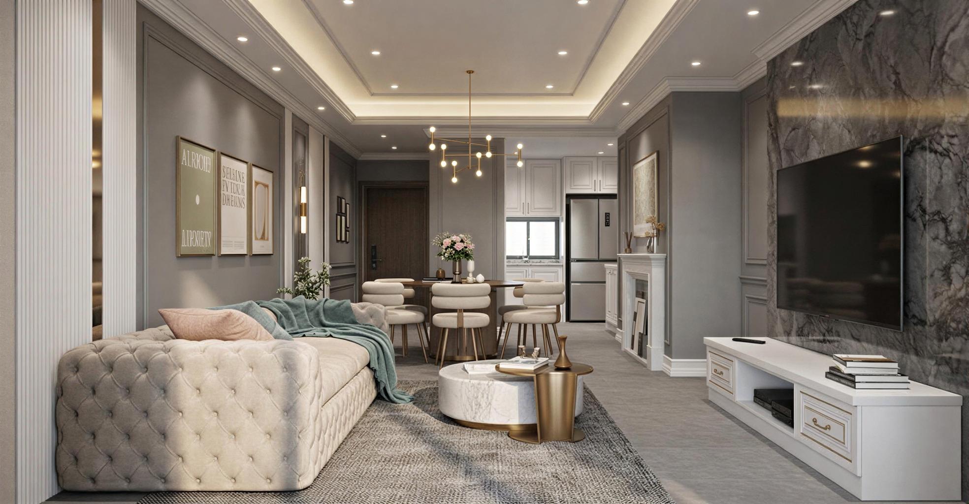 The photo presents a sun-drenched, New American-style living room, radiating a warm and inviting atmosphere. It's midday in spring, with natural light flooding the space, accentuating the room's Victorian elegance. The focal point is a tufted, cream-colored sofa, its plush cushions hinting at comfort. Across from it, a sleek entertainment console complements the large, flat-screen TV set against a dramatic marble-patterned wall. A chic coffee table, pairing a marble base with a sleek wood element, sits centered in the room, flanked by elegant, upholstered dining chairs around a round dining table, under an artistic, modern chandelier. The overall design suggests a sophisticated, yet comfortable lifestyle. The flooring is a dark, neutral color, contrasting with the light-colored walls, molding, and ceiling details that add depth and a sense of luxury to the space.