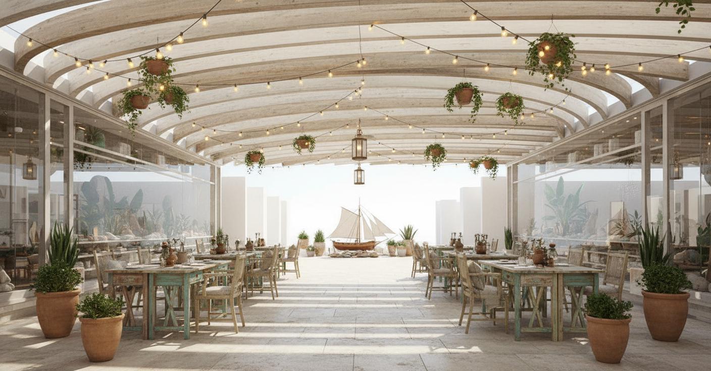 An incredibly lifelike, richly detailed, photorealistic interior photo of a shabby chic coworking space set outdoors within an architectural promenade. The scene is illuminated by a bright, overhead daylight, creating a welcoming and airy atmosphere. Captured with a wide-angle lens, emphasizing the flowing, layered canopy above and the symmetrical layout of the space, the rendering highlights the unique shabby chic interior design elements that are trending on Pinterest. To the left and right, expansive glass panels reveal interiors with potted plants and decorative rock arrangements, creating a sense of organic integration. The central walkway leads towards a distant, stylized sailboat, adding an artistic and whimsical touch. The overall composition draws the eye through the space, showcasing the interplay of natural light, the organic curves of the ceiling structure, and the quaint, yet inviting, shabby chic aesthetic.