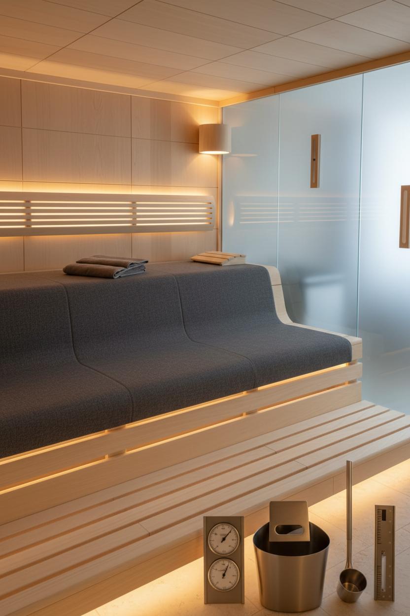 An incredibly lifelike, richly detailed, interior photo of a modern fusion sauna, set within a serene spa environment. The scene is illuminated by soft, diffused overhead lighting and subtle integrated shelf lighting, creating a warm and inviting atmosphere. Captured with a wide-angle lens, emphasizing the natural wood grains and the clean lines of the design. This reimagined sauna embraces a modern fusion aesthetic, moving away from the traditional rustic feel. The walls and benches are clad in a smooth, light-colored wood, perhaps European ash or basswood, for a cleaner, more contemporary look. Instead of the stepped benches, imagine integrated, flowing seating that contours to the body, upholstered in a water-resistant, yet luxuriously soft, charcoal grey fabric. The traditional bucket and ladle are replaced by sleek, minimalist dispensers for essential oils and water, integrated seamlessly into the wall paneling. The floor remains a subtle, pale stone, perhaps travertine, offering a cool contrast to the wood above. Large, frosted glass panels on one wall obscure the outside view while allowing diffused, natural light to filter in, suggesting a connection to nature without sacrificing privacy. Strategically placed, warm-toned LED strips highlight the architectural lines of the space, creating dynamic shadows and a sense of depth. The atmosphere is one of tranquil, understated luxury, a personal sanctuary designed for ultimate relaxation and rejuvenation, perhaps experienced on a quiet, overcast winter afternoon, where the subdued natural light enhances the cozy, enveloping warmth of the sauna.