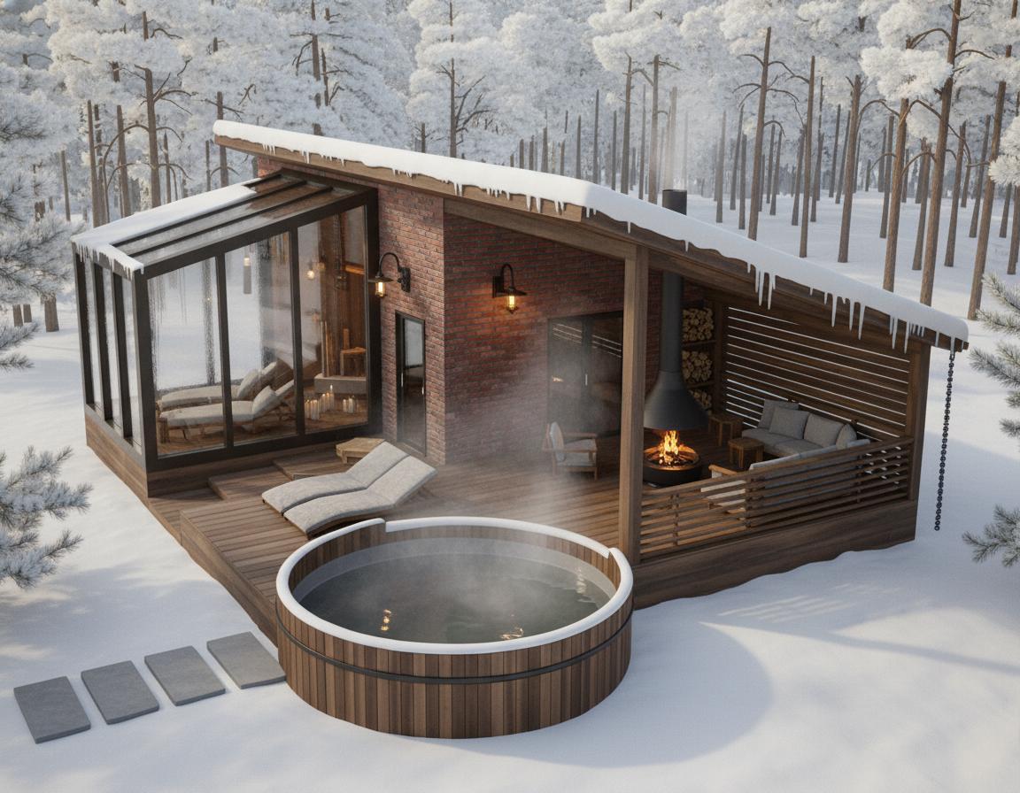 An incredibly lifelike, richly detailed, photorealistic architectural photo of a modern fusion cabin nestled in a serene, snow-laden forest. The scene is illuminated by soft, diffused winter sunlight, casting gentle shadows and creating a tranquil, inviting atmosphere. Captured with a slightly elevated wide-angle lens, emphasizing the building's integration with its natural surroundings, the rendering highlights the warm texture of the red brick facade, the sleek lines of the glass sunroom, and the natural grain of the wooden hot tub (купель) and its surrounding deck. Icicles hang from the eaves, and steam gently rises from the hot tub and the small building, suggesting the crisp, cold air outside contrasting with the warmth within, reminiscent of a sophisticated onsen experience. The composition draws the eye from the steaming water feature towards the covered outdoor lounge area, complete with rustic wooden siding, a modern fire pit, and comfortable seating, all set against the backdrop of snow-dusted pine trees, evoking a sense of cozy seclusion and luxurious unwinding.