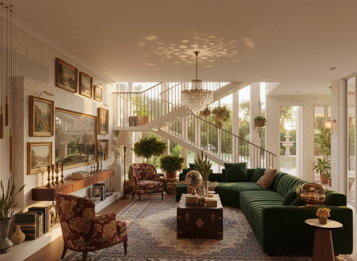 An incredibly lifelike, richly detailed, photorealistic interior photo of a chic living room set in a modern villa. The scene is illuminated by the warm, golden hues of a summer sunset, creating a cozy and inviting atmosphere. Captured with a wide-angle lens, emphasizing the plush textures of velvet furnishings and the polished gleam of brass accents, the space exudes a sophisticated vintage interior design vibe, trending on Pinterest.

The original design, while modern, can be softened and enriched with a more deliberate vintage aesthetic. Imagine a palette of deep emerald greens, rich burgundy reds, and warm ochre tones, set against a backdrop of ivory walls and perhaps some exposed brick or a textured wallpaper with a subtle damask pattern. The current white sectional sofa could be replaced with a plush, channel-tufted velvet sofa in a deep jewel tone, complemented by an armchair upholstered in a subtly patterned vintage fabric.

The striking black and white geometric rug would give way to a worn Persian rug, its intricate patterns and faded colors telling stories of time. The minimalist coffee table could be swapped for an antique wooden chest with brass hardware, or a round, polished marble table with an ornate base. Pendant lights, currently a modern geometric design, could be replaced by a vintage crystal chandelier, casting dappled light and adding an air of old-world glamour. Instead of the large abstract wall art, a curated collection of vintage landscape paintings or antique photography would grace the walls.

The lighting, currently clean and modern track lighting and statement fixtures, will be softened. Imagine a mix of ambient and accent lighting: a vintage floor lamp with a fringed shade by one of the seating areas, a pair of brass table lamps on side tables, and perhaps wall sconces with a classic silhouette. The sunset light will stream in through large, mullioned windows, bathing the room in a warm, nostalgic glow. The outdoor view would be a lush, verdant garden, perhaps with an old-fashioned fountain, contributing to the serene and timeless atmosphere.

The spatial layout remains open, but the furniture arrangement becomes more intimate. The sofa and armchairs would be arranged to encourage conversation, creating a cozy nook. The television, currently a focal point, would be integrated more discreetly, perhaps behind a sliding panel with an antique mirror or within a vintage cabinet. Plants remain, but perhaps in terracotta pots or hanging macrame plant holders to enhance the vintage feel. Small decorative elements would include antique books, a vintage globe, ornate picture frames, and perhaps a collection of porcelain figurines.

The proportions are maintained, respecting the generous scale of the living room. However, the balance shifts from strict symmetry to a more asymmetrical, collected feel, characteristic of a well-loved vintage home. The human scale is prioritized through comfortable seating and accessible surfaces. The overall experience aims to transport the user to a space that feels both luxurious and deeply personal, a sanctuary where comfort and history intertwine.
