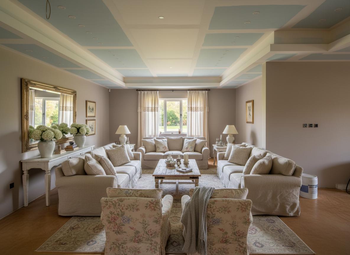 An incredibly lifelike, richly detailed, interior photo of a living room set in a modern apartment. The scene is illuminated by soft, diffused natural light streaming through a large window, creating a warm and inviting atmosphere. Captured with a wide-angle lens, emphasizing the textures of aged wood, distressed fabrics, and delicate floral patterns characteristic of shabby chic interior design, trending on Pinterest. Imagine a space where the original, somewhat stark, construction elements have been transformed into a cozy sanctuary. The ceiling's intricate coffered design, previously bare and primed, is now painted in a soft, creamy off-white, with subtle hints of pale blue in the recessed panels, reminiscent of an aged sky. The walls are a Farrow & Ball "Elephant's Breath," a warm, mid-grey with a hint of magenta, providing a sophisticated backdrop. Plush, overstuffed sofas and armchairs in faded floral upholstery and natural linen slipcovers are arranged to encourage conversation, centered around a vintage, reclaimed wood coffee table. A large, hand-knotted Persian rug with a faded, muted color palette anchors the seating area on the now polished concrete floor, which has been stained a warm, honey-brown. Antique-inspired decorative elements abound: a distressed gilt mirror hangs above a whitewashed console table laden with ceramic vases and overflowing with white hydrangeas. Sheer, linen curtains with a delicate lace trim softly filter the sunlight, casting gentle shadows. The overall composition is one of casual elegance and lived-in charm, where imperfections are celebrated and personal history is woven into the very fabric of the room, making it feel both timeless and deeply personal. The proportions are generous, ensuring a sense of airiness, while the plush furnishings and tactile materials create an intimate scale, perfect for relaxation and quiet contemplation, perhaps with a view of a serene, manicured garden bathed in the golden hour light.