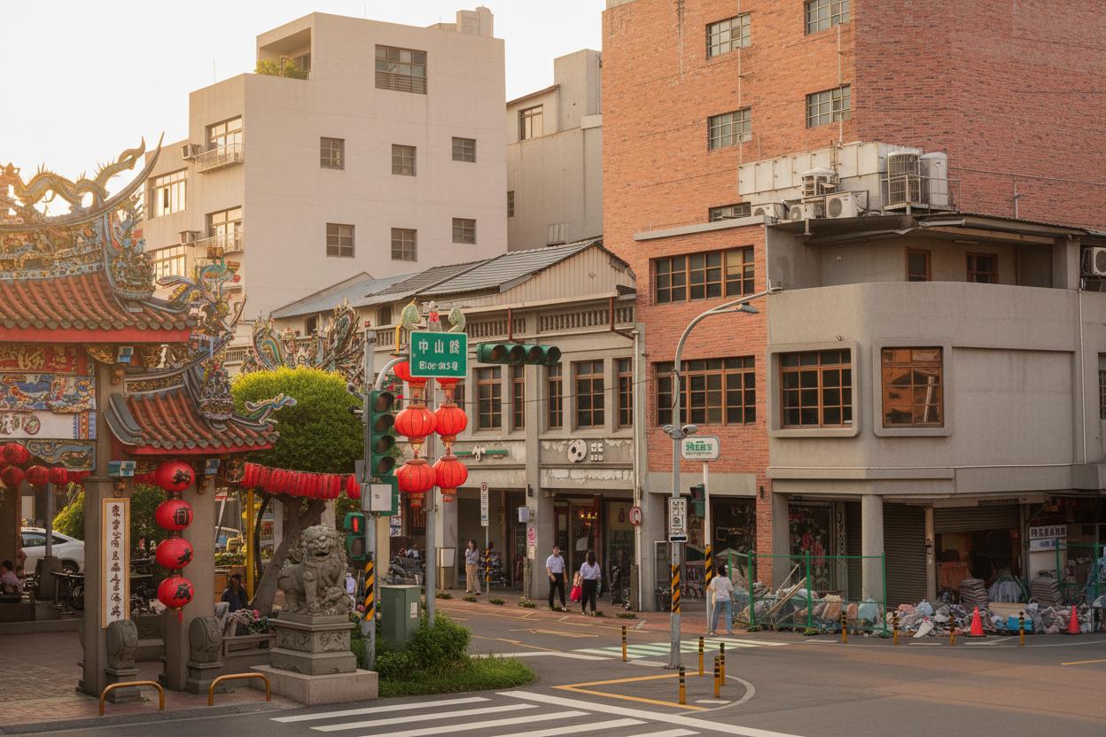 An incredibly lifelike, richly detailed, photorealistic architectural photo of an urban streetscape set in autumn. The scene is illuminated by the warm, soft glow of early sunrise, creating a serene and slightly nostalgic atmosphere. Captured with a wide-angle lens, emphasizing the juxtaposition of traditional temple architecture and modern buildings, with a focus on the intricate details of the temple's ornate roof and the textured brickwork of the surrounding structures. The composition draws the eye from the vibrant, elaborately decorated temple entrance on the left, across the busy Zhongshan Road with its traffic lights and pedestrian crossings, to the more utilitarian, multi-story buildings in the background. The humid air of early autumn is palpable, and the overall impression is one of a thriving, culturally rich urban environment where history and modernity coexist. The building's exterior showcases a blend of materials: the temple features colorful glazed tiles and intricate carvings, while the adjacent buildings are clad in rustic red brick and pale concrete, with wooden window frames adding warmth to the facades. Visible interior spaces reveal bustling storefronts, some under construction or renovation with piles of building materials, hinting at the constant evolution of the urban landscape. The relative scale of the temple to the more imposing modern buildings highlights its historical significance, while the human scale is evident in the figures of pedestrians navigating the street.