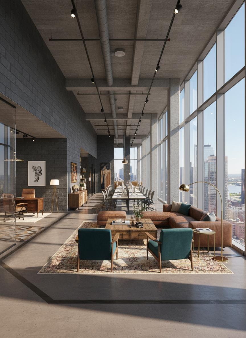 An incredibly lifelike, richly detailed, photorealistic interior photo of a spacious, open-plan modern office with a vintage-inspired living room area. The scene is illuminated by bright midday summer light streaming through a vast glass facade, creating a vibrant and airy atmosphere. Captured with a wide-angle lens, emphasizing the raw industrial elements softened by warm, curated vintage pieces and the interplay of light and shadow.

The original concrete shell is transformed into a sophisticated workspace. The exposed concrete ceiling with its industrial pipes is now complemented by carefully integrated soffits that conceal modern, dimmable track lighting for evening use. One wall retains its rough-hewn cinder block texture, painted a deep charcoal grey, providing a dramatic backdrop. The opposing wall is a floor-to-ceiling expanse of glass, framing a dynamic view of a bustling cityscape under a clear blue summer sky. The floor, once dusty concrete, is now polished concrete with a subtle, warm grey hue, inlaid with geometric patterns in a darker, matte finish that subtly defines zones within the open space.

The design embraces a "modern industrial with a vintage soul" aesthetic. A central, modular sofa in a rich, distressed brown leather anchors the living area, complemented by two mid-century modern armchairs upholstered in a deep teal velvet. A large, reclaimed wood coffee table, worn smooth with age, sits at the heart of this arrangement, adorned with a collection of art books and a polished brass floor lamp with an articulated arm. Vintage Persian rugs, in faded jewel tones, are layered across the polished concrete floor, adding warmth and texture.

The composition of the space is key to its functionality and aesthetic. The open-plan office occupies roughly two-thirds of the area, featuring minimalist workstations with light oak desktops and ergonomic chairs in a muted grey. These are arranged in clusters to encourage collaboration. The living area is strategically placed near the glass facade, capitalizing on the natural light and the expansive city views, creating an inviting zone for informal meetings, client presentations, or a quiet space to recharge. A custom-built credenza, reminiscent of vintage cabinetry with brass hardware, discretely hides AV equipment and storage.

The outdoor view is a crucial element, bathed in the bright, unfiltered light of a peak summer day. The city's architecture forms a compelling backdrop, with sunlight glinting off glass towers and reflecting off distant water features. This external vibrancy is mirrored within the space through careful material choices and color accents.

The private office, visible through a partial glass partition, is designed as a sanctuary within the larger space. It features a vintage executive desk made of walnut, a plush leather desk chair, and a curated selection of art and decorative objects. The glass partition allows light to flood this private space while maintaining a visual connection to the main office.

The proportions are generous, with high ceilings creating an impressive sense of volume. Balance is achieved through the thoughtful placement of furniture and the visual weight of the materials. While the architecture leans towards raw, asymmetrical industrial lines, the interior is brought into harmony through the symmetrical arrangement of the living area and the balanced distribution of light and darker elements. Human scale is respected by incorporating softer textures, comfortable seating, and the functional zoning that guides movement and interaction. The overall atmosphere is one of comfortable sophistication, a space that feels both productive and welcoming, buzzing with the energy of the city outside while offering pockets of calm and vintage charm within.