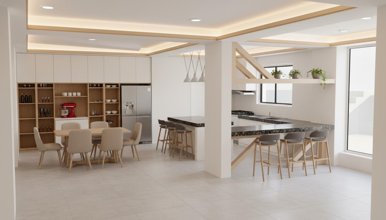 An incredibly lifelike, richly detailed, photorealistic interior photo of a spacious, open-plan kitchen and dining area set in a modern home during a bright spring midday. The scene is illuminated by a combination of direct spotlighting and subtle indirect LED lighting integrated into the ceiling coves, creating a warm and inviting atmosphere. Captured with a wide-angle lens, emphasizing the clean lines and modern furnishings of this shabby chic-inspired space. Smooth, light-colored cabinetry line one wall, complemented by a warm-toned open shelving unit displaying a curated collection of kitchenware and decorative items, including a vibrant red coffee maker. A sleek, dark granite island with polished seating provides a central gathering point, while a complementary, wider counter-style seating area offers additional space. The dining area features a minimalist wooden table surrounded by upholstered chairs in a soft, neutral fabric. The architecture includes exposed beams with warm wood accents, adding a touch of rustic charm against the contemporary design. The overall impression is one of airy sophistication, where functionality meets chic, casual elegance.