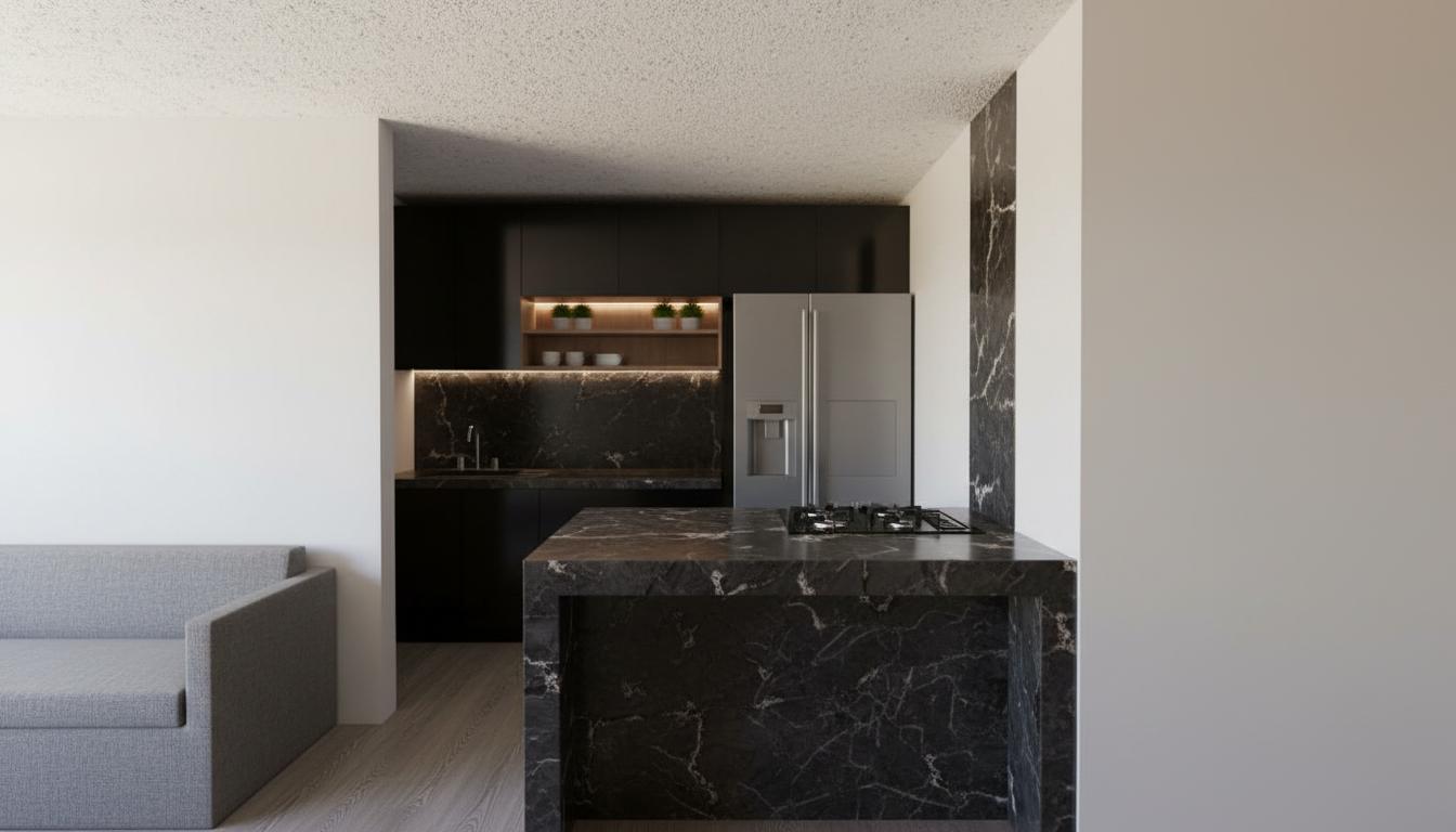 An incredibly lifelike, richly detailed, interior photo of a modern kitchen with rustic accents, set in a contemporary apartment. The scene is illuminated by soft, diffused ambient light, creating a sophisticated and inviting atmosphere. Captured with a wide-angle lens, emphasizing the dramatic contrast between the sleek, dark marble finishes and the warm, natural wood elements, along with the subtle texture of the popcorn ceiling. The composition showcases a central dark marble island topped with a gas stovetop, juxtaposed against a backdrop of high-gloss black cabinetry and dark marble countertops. A light wood shelving unit above the backsplash adds a touch of rustic charm, while a gray refrigerator stands as a functional centerpiece. The flooring, a wide-plank wood in a muted gray tone, grounds the space with its utilitarian yet warm texture. In the foreground, a minimalist gray sofa hints at a connected living area, its clean lines a counterpoint to the intricate veining of the marble. This image captures a trending aesthetic on Pinterest, blending dark opulence with organic warmth and modern functionality.